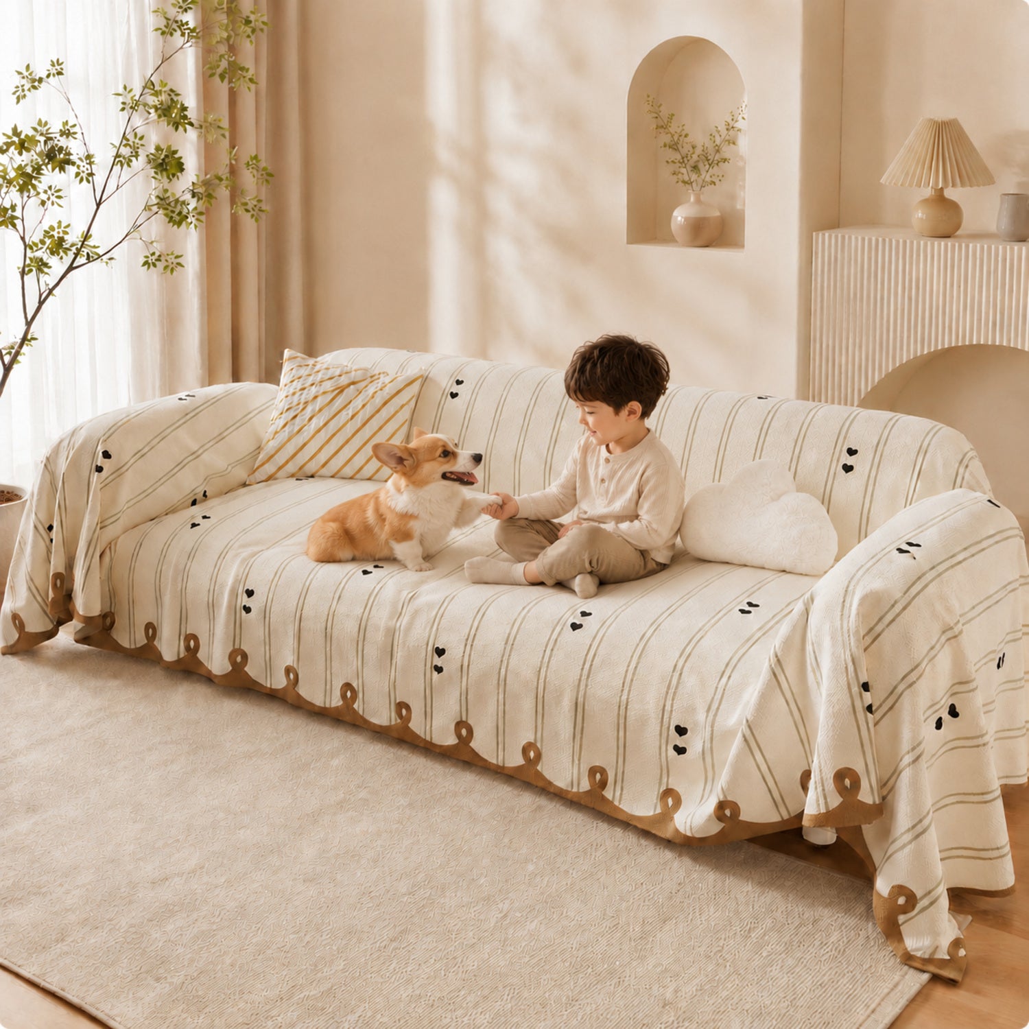 Dainty Heart Sofa Throw | Faux Linen | Non-Slip All-Season Sofa Protector