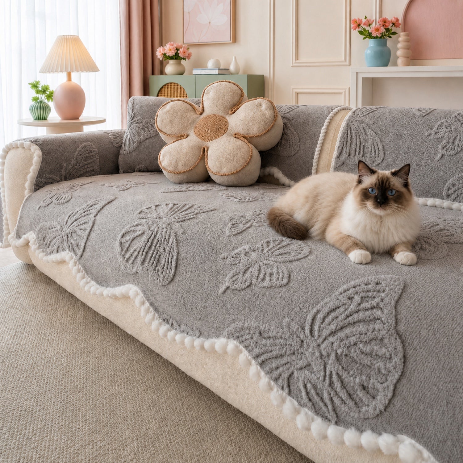 A fluffy cream and brown Ragdoll cat rests on a beige herringbone sofa cover while holding a blue fish-shaped toy.