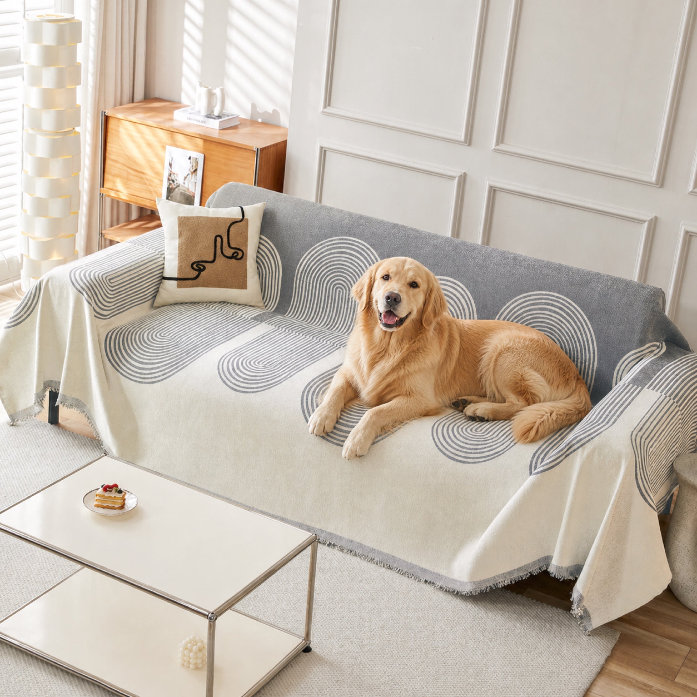 Reversible Geometric Sofa Throw | Soft Chenille Sofa Cover with Fringed Edges