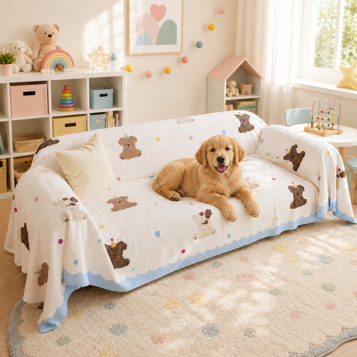 Birthday Puppy Sofa Throw | Linen-Look Fabric | Washable Anti-Pilling Sofa Protector