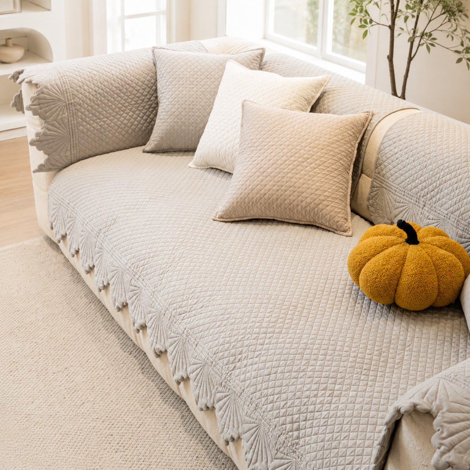 Leaf Edge Cotton Sofa Cover | Non-Slip Machine-Washable
