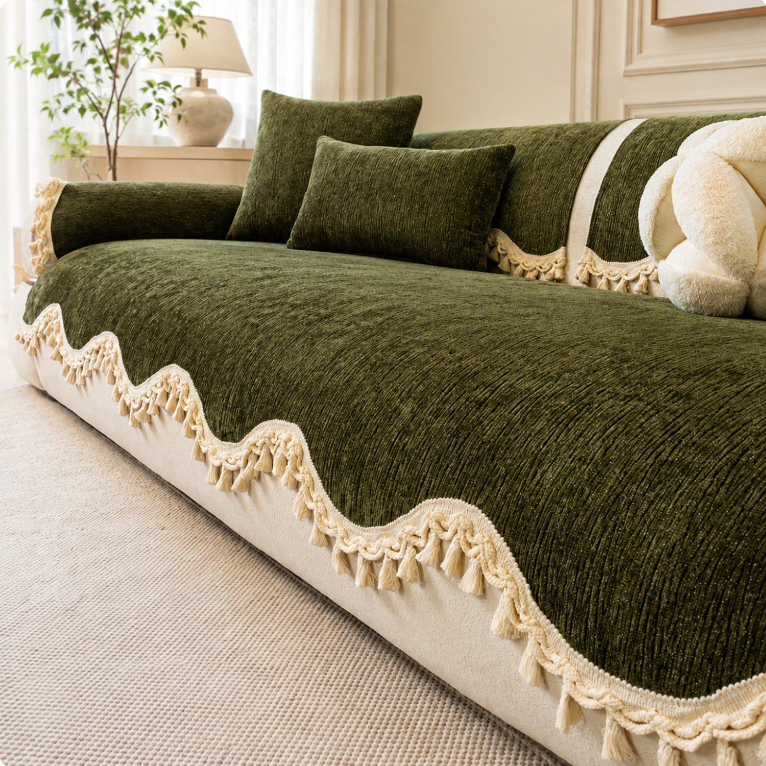 The Elowen Sofa Cover | Chenille | Elegant Tasselled Non-Slip