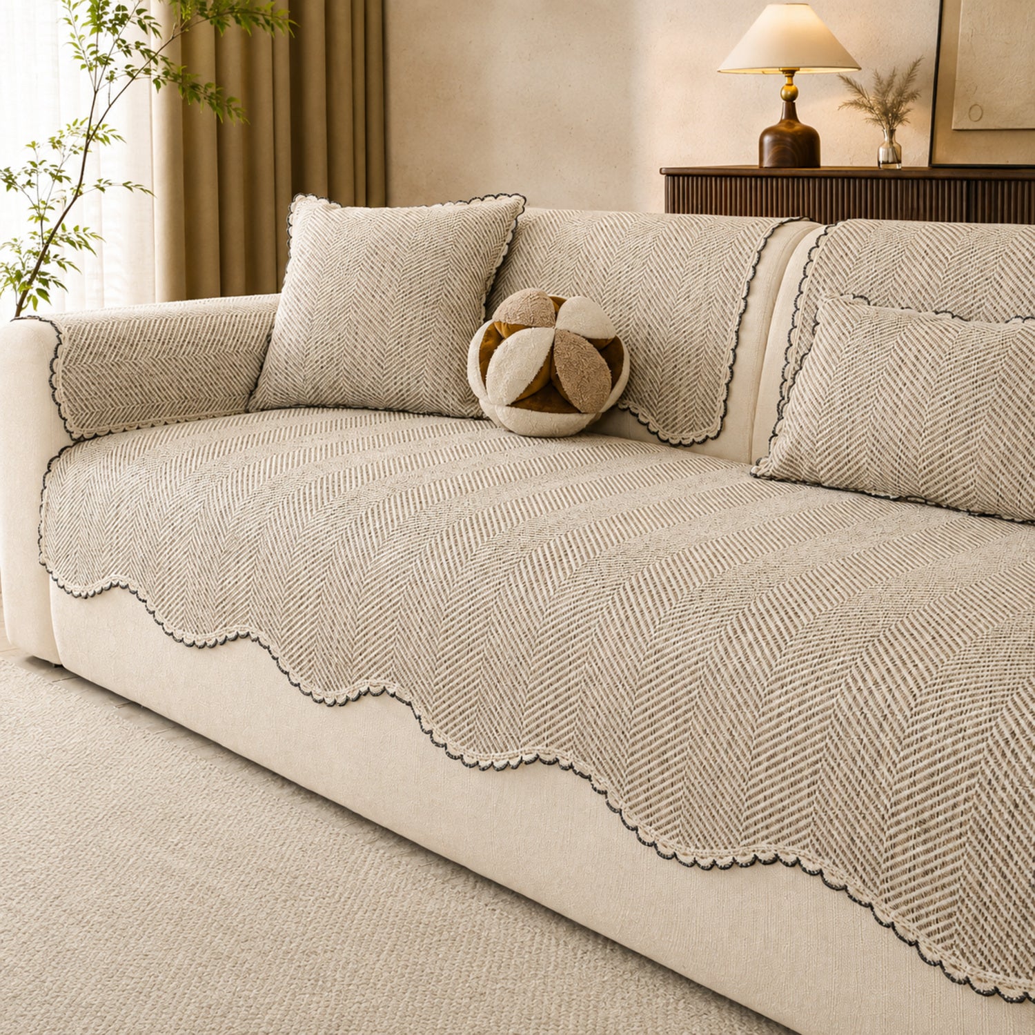 Herringbone Scallop Sofa Cover | Non-Slip Washable | All-Season