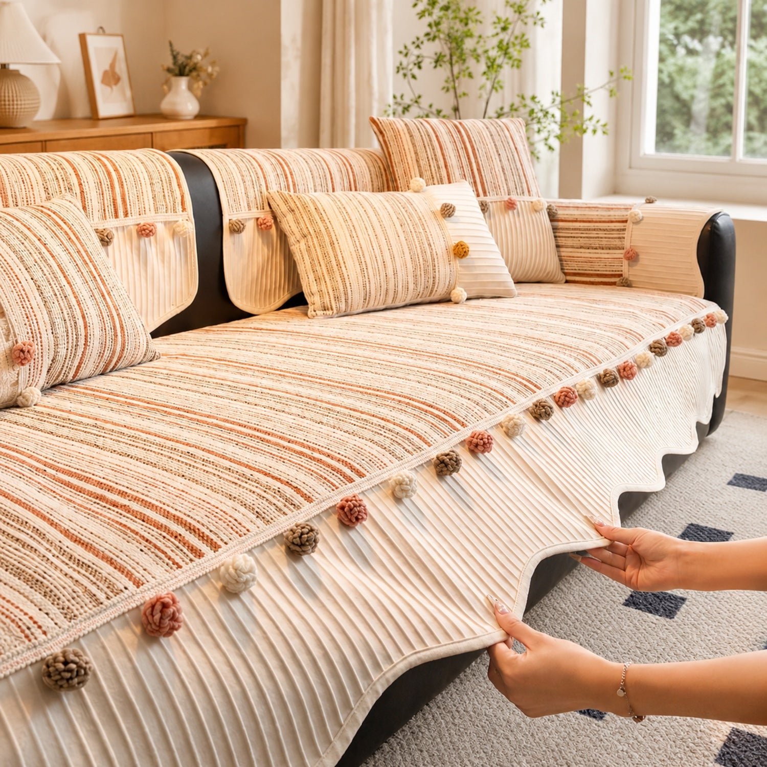 Harvest Bobble Sofa Protector | Striped Chenille | Non-Slip All-Season Cover