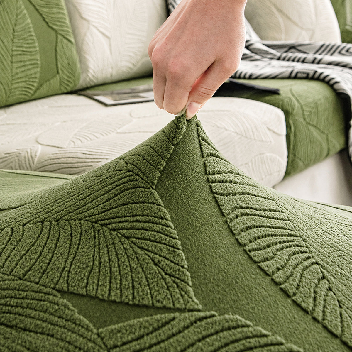 Modern Leaf Jacquard Sofa Cover | Waterproof Stretch Full Wrap | Anti-Scratch Protector | Woofing Deals