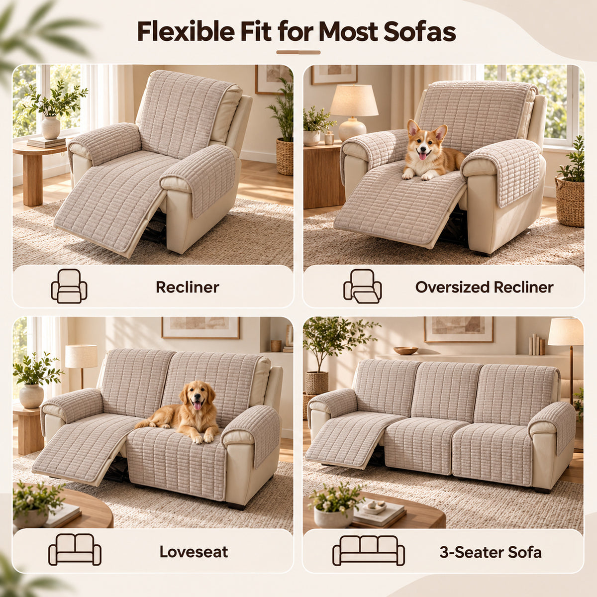 Flannel Recliner Sofa Cover | One-Piece Non-Slip Pet Protector with Elastic Straps