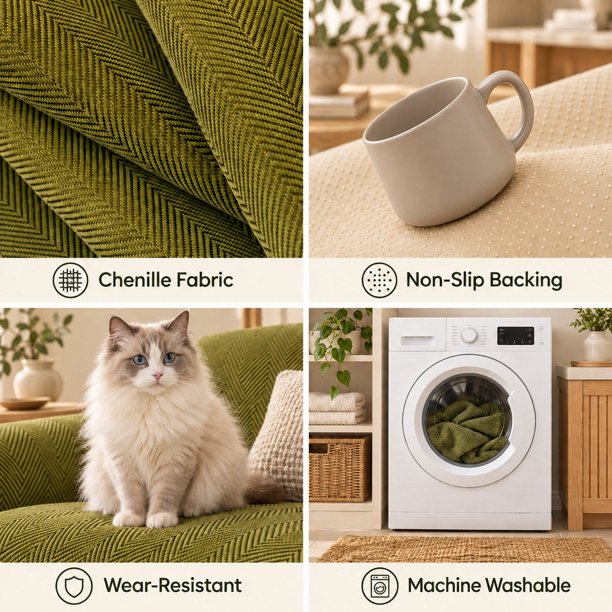Sofa Cover | Non-Slip Chenille Sofa Protector | Herringbone Pattern with Scalloped Edges
