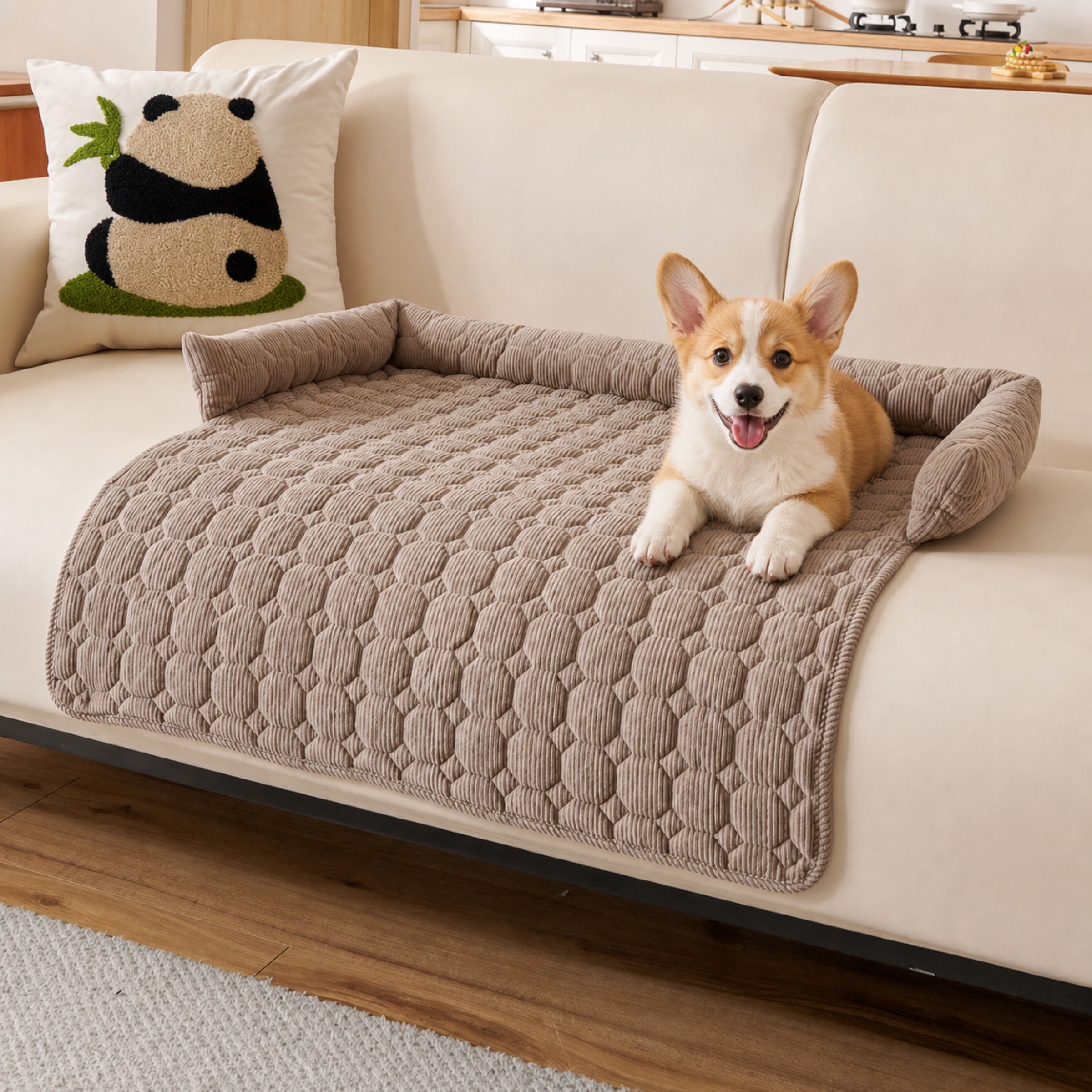 Pearl fleece dog sofa mat with corgi puppy on sofa cover