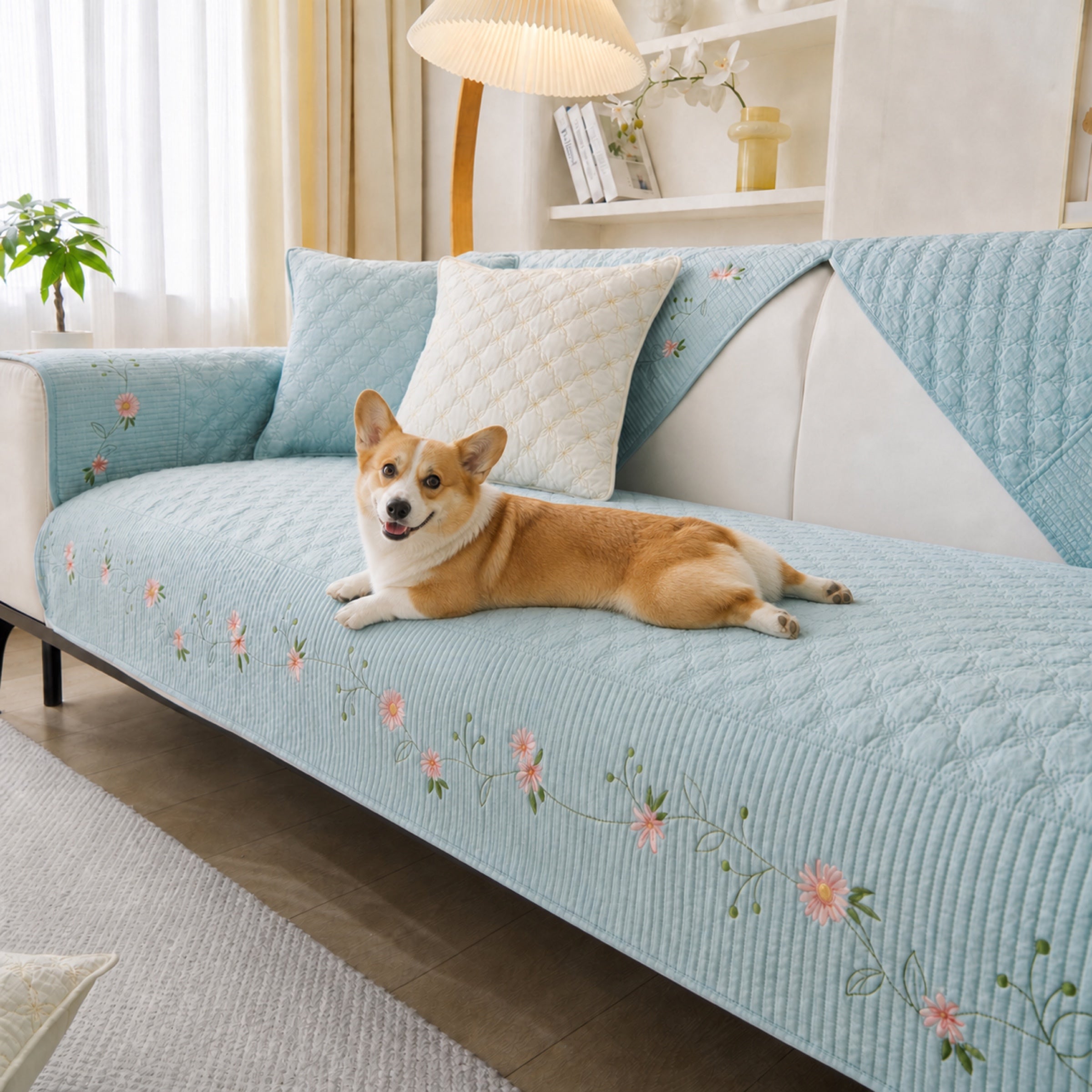 Floral Garden Sofa Cover | Embroidered Cotton | Anti-Slip & Washable