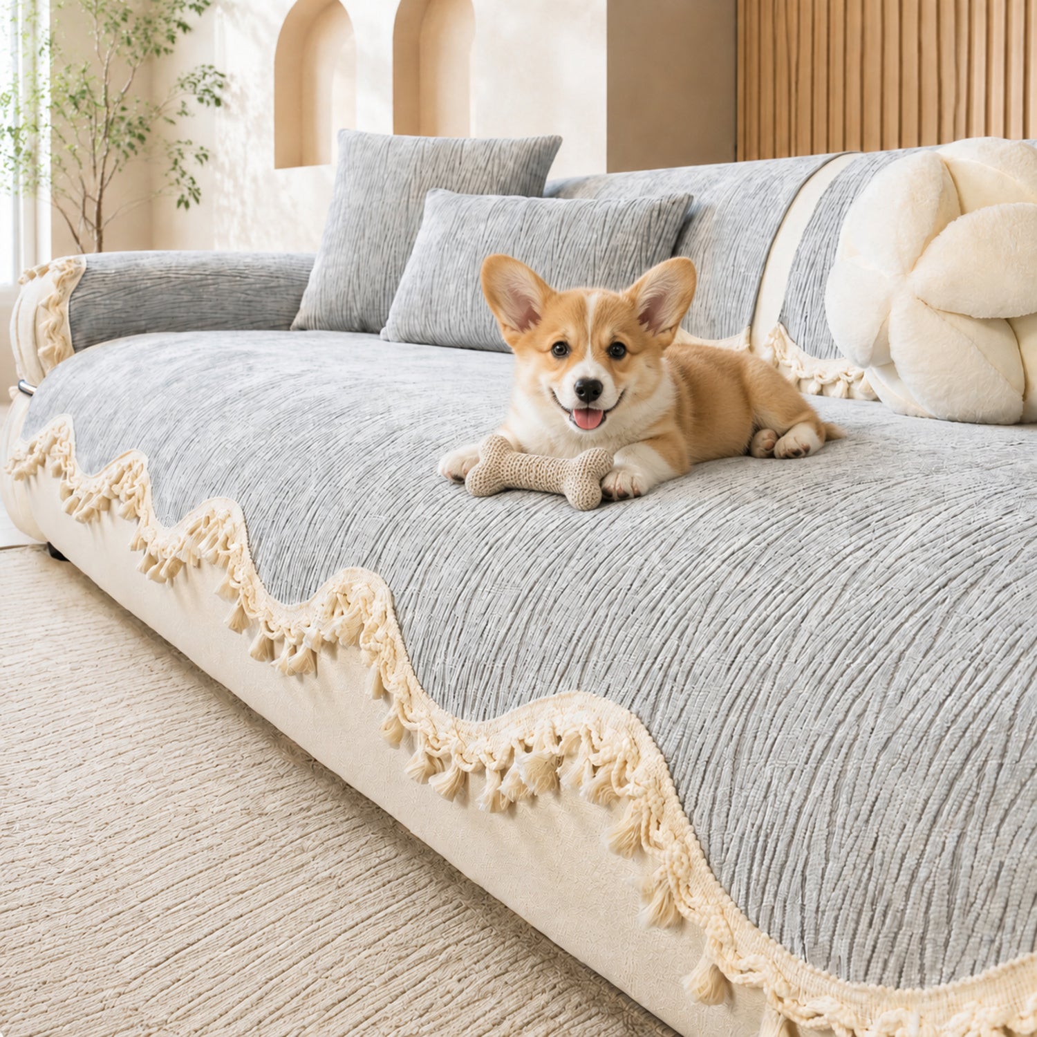 The Elowen Sofa Cover | Chenille | Elegant Tasselled Non-Slip