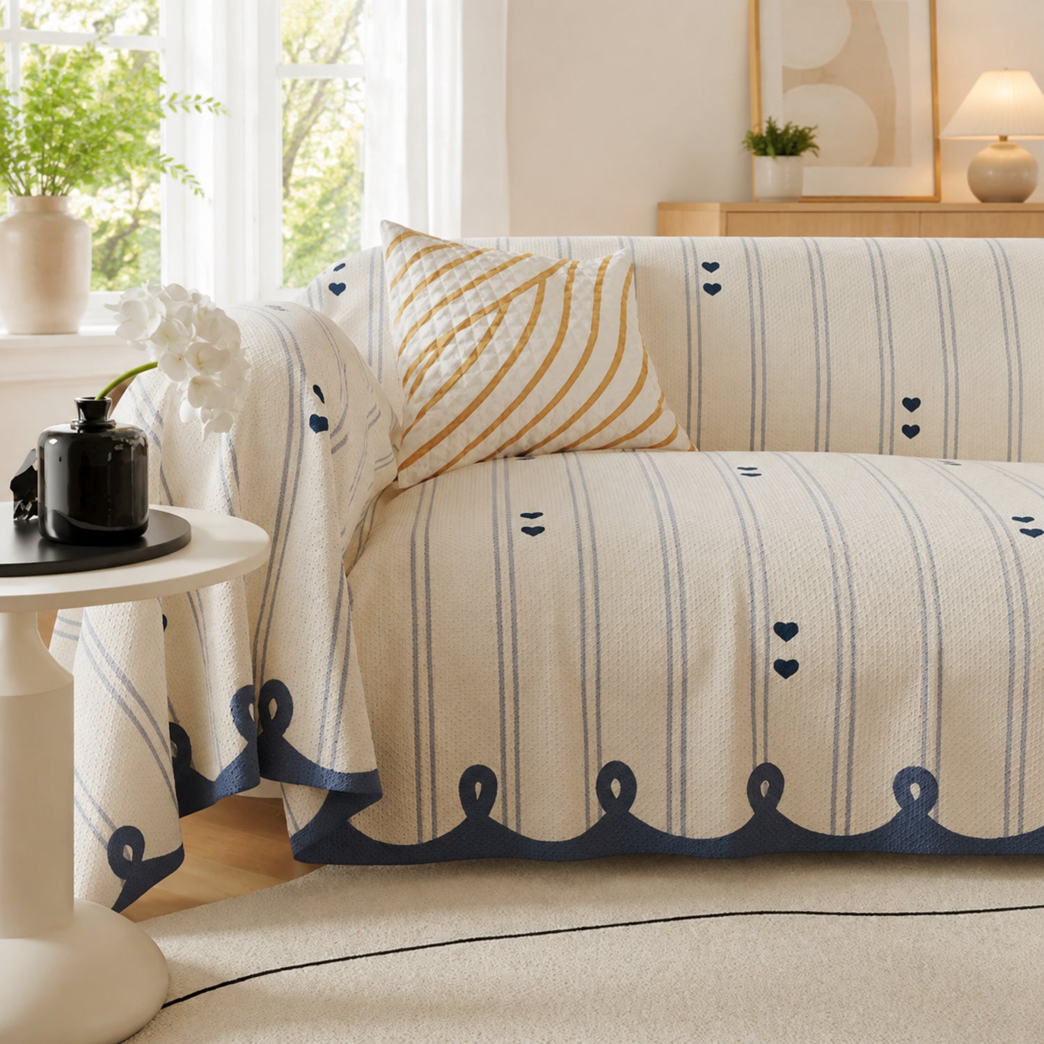 Dainty Heart Sofa Throw | Faux Linen | Non-Slip All-Season Sofa Protector