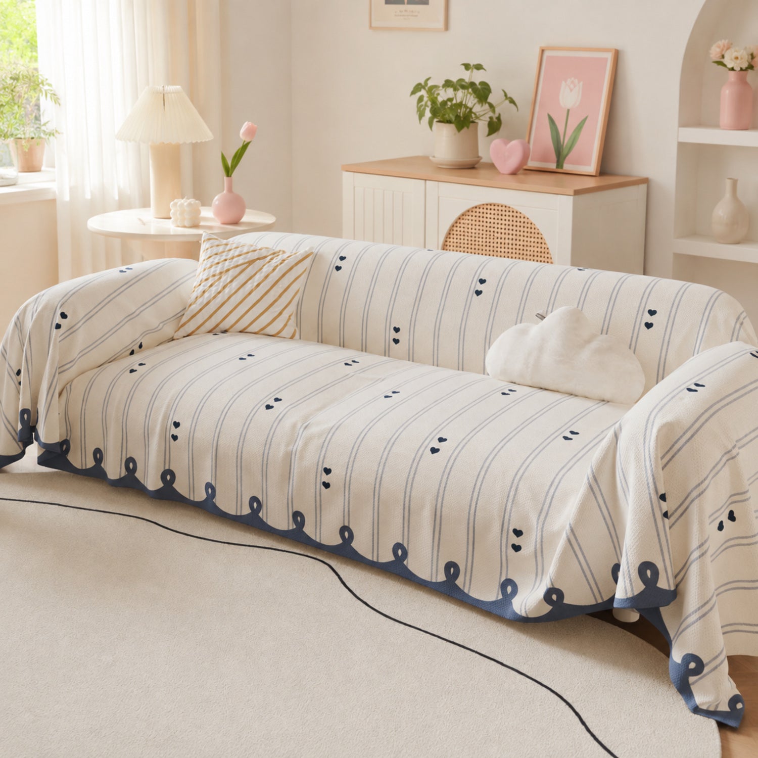 Dainty Heart Sofa Throw | Faux Linen | Non-Slip All-Season Sofa Protector