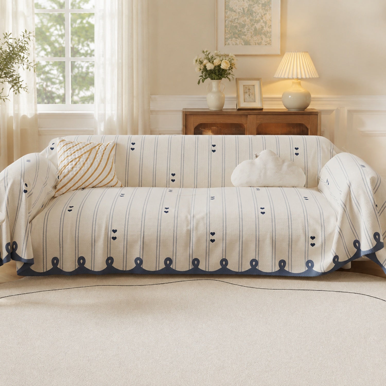 Dainty Heart Sofa Throw | Faux Linen | Non-Slip All-Season Sofa Protector