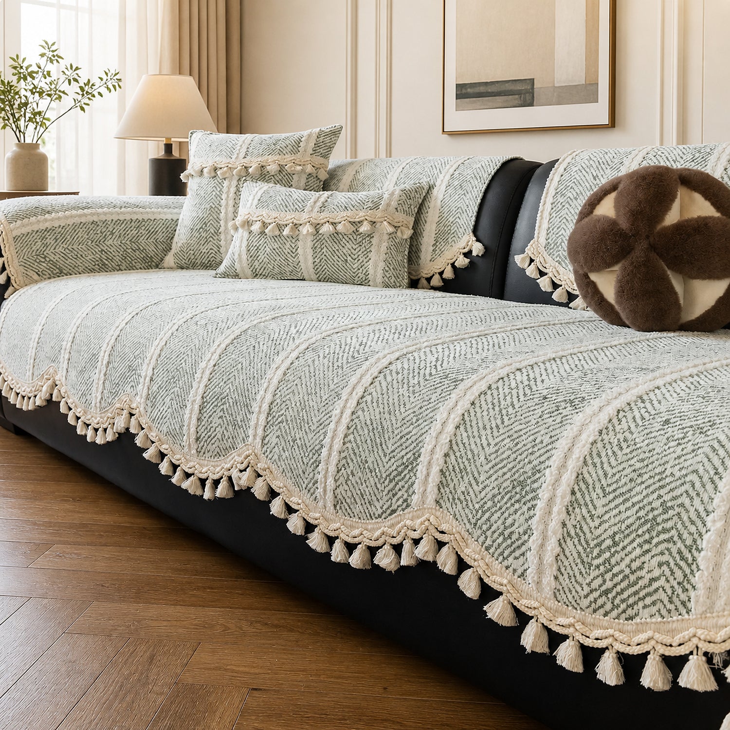 Herringbone Chenille Sofa Protector | Non-Slip Tassel Cover | Machine Washable