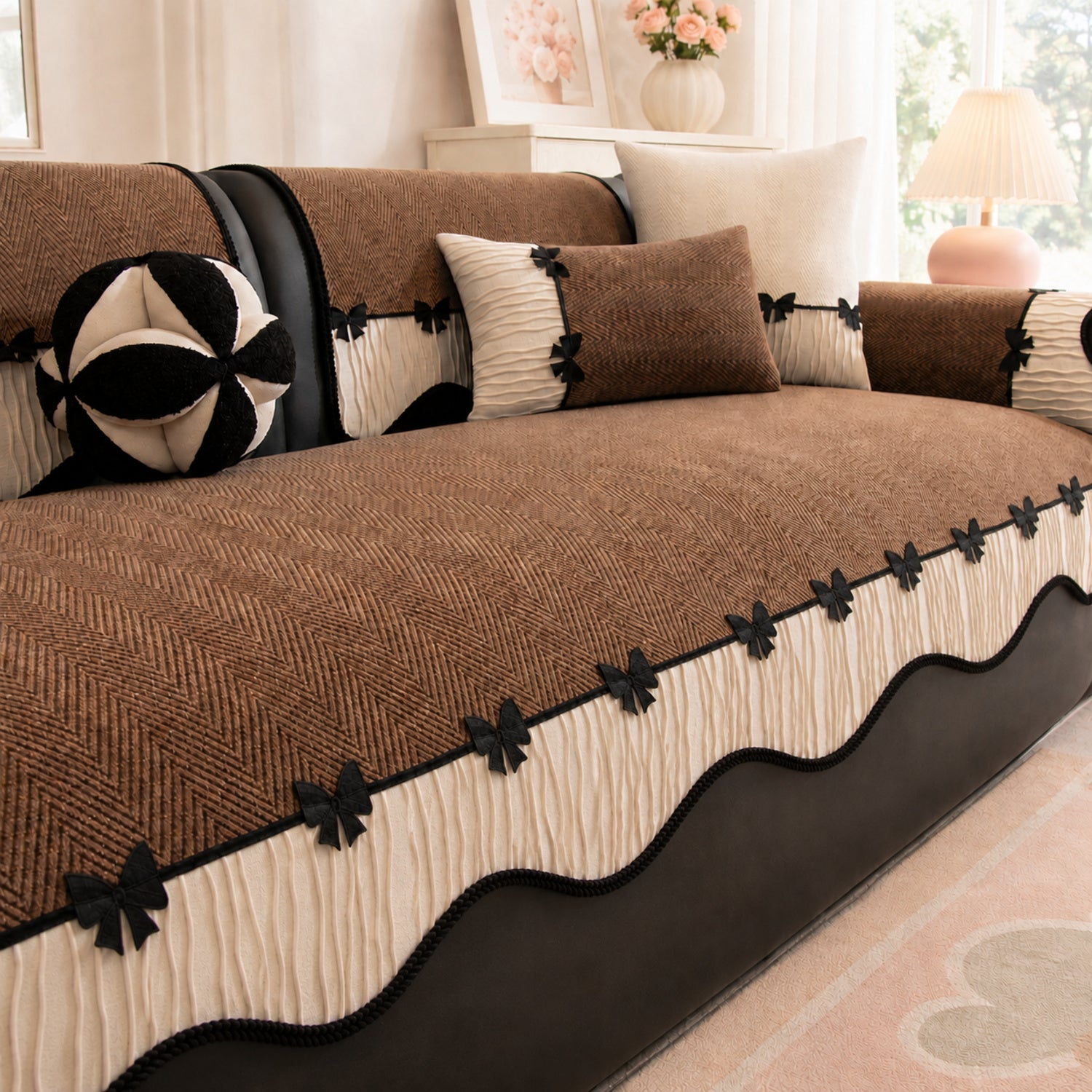 Bow Trim Herringbone Chenille Sofa Cover | Non-Slip Machine-Washable