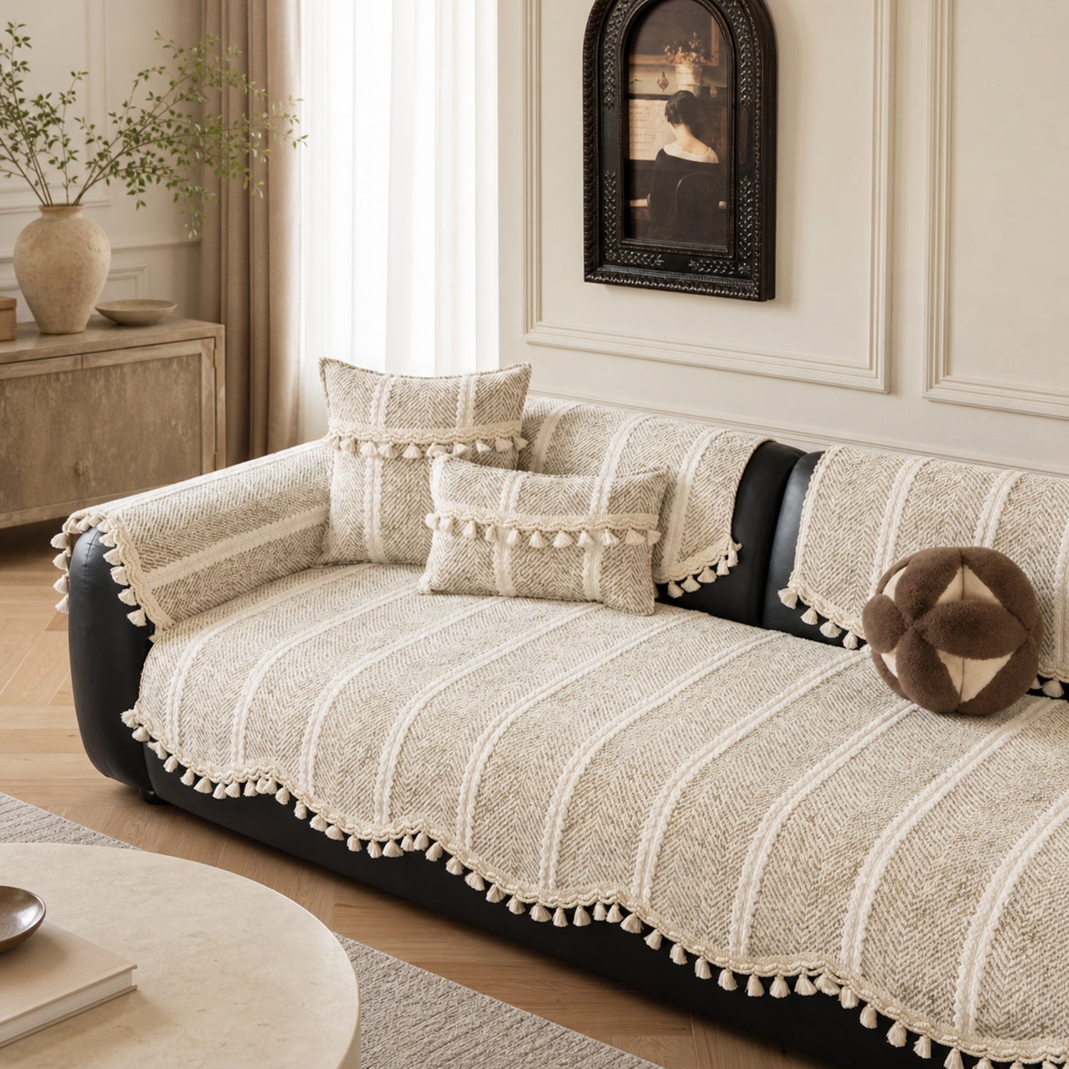 Herringbone Chenille Sofa Protector | Non-Slip Tassel Cover | Machine Washable