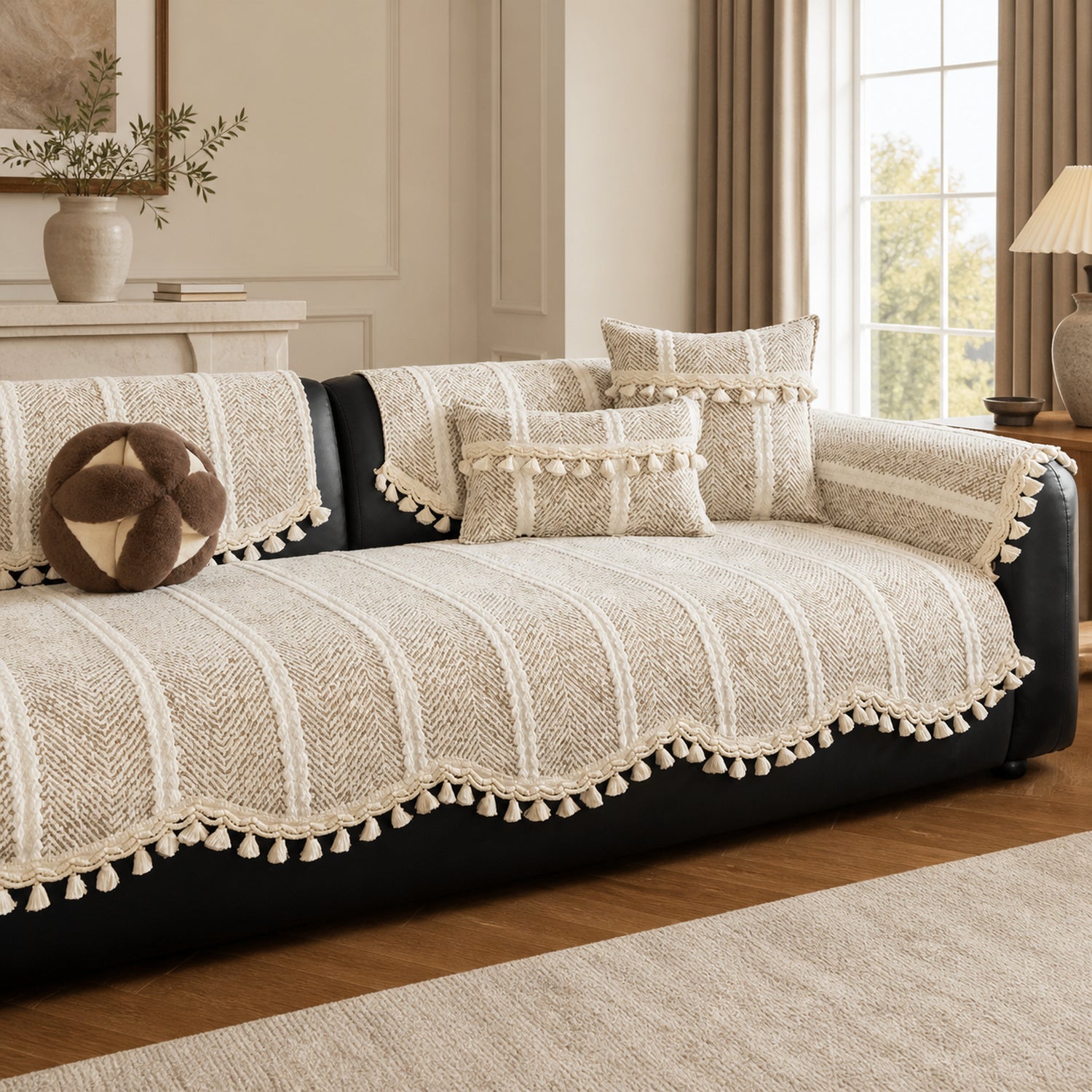 Herringbone Chenille Sofa Protector | Non-Slip Tassel Cover | Machine Washable
