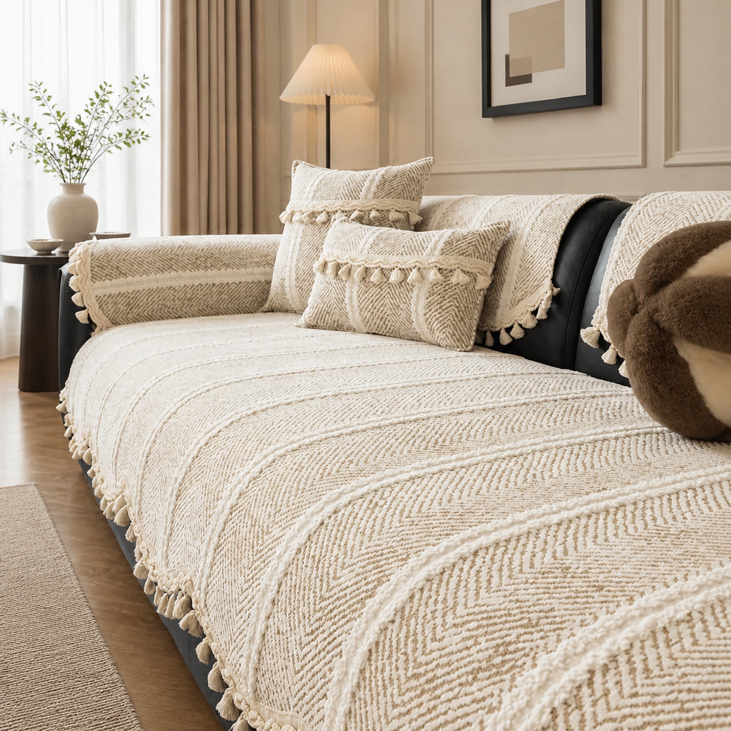 Herringbone Chenille Sofa Protector | Non-Slip Tassel Cover | Machine Washable