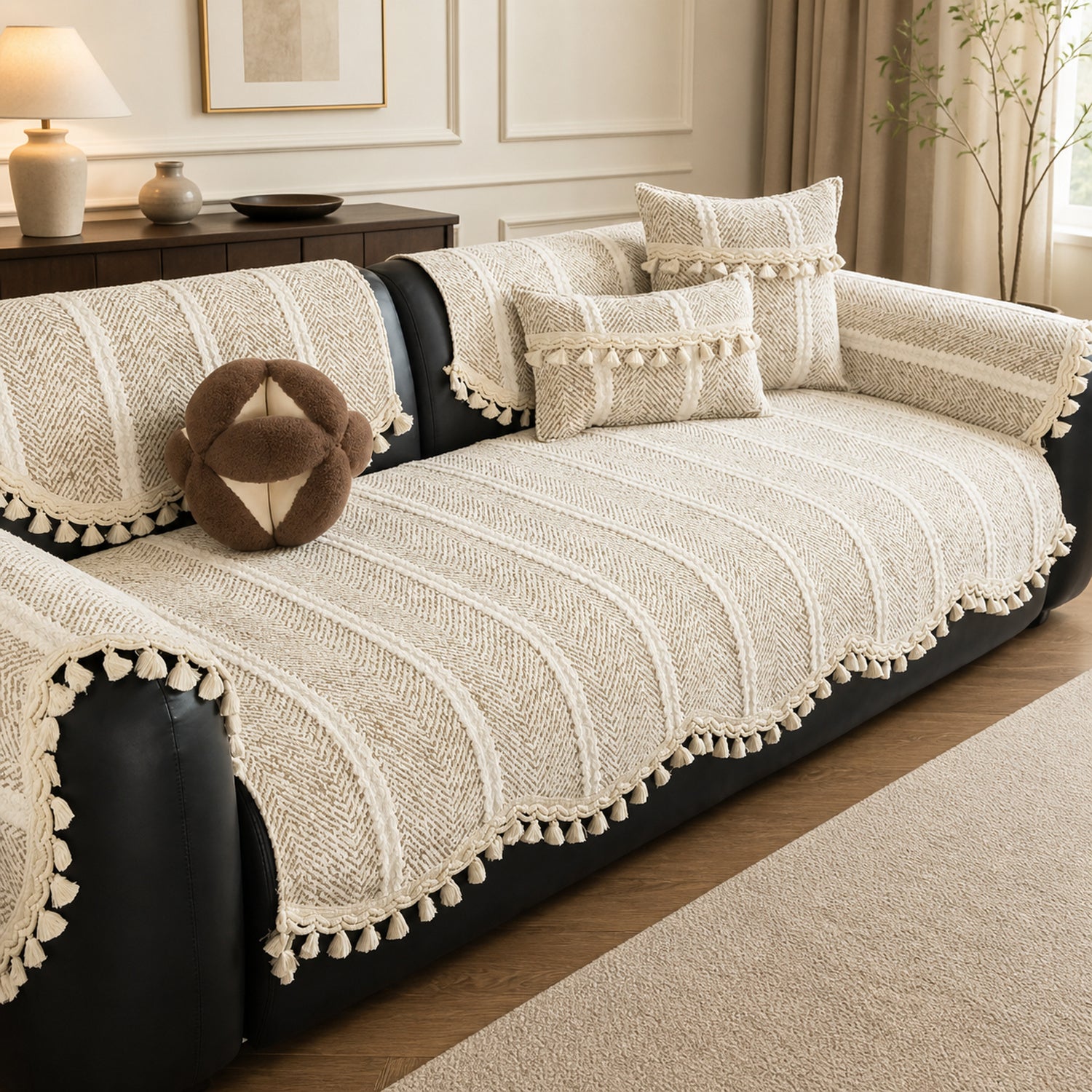 Herringbone Chenille Sofa Protector | Non-Slip Tassel Cover | Machine Washable