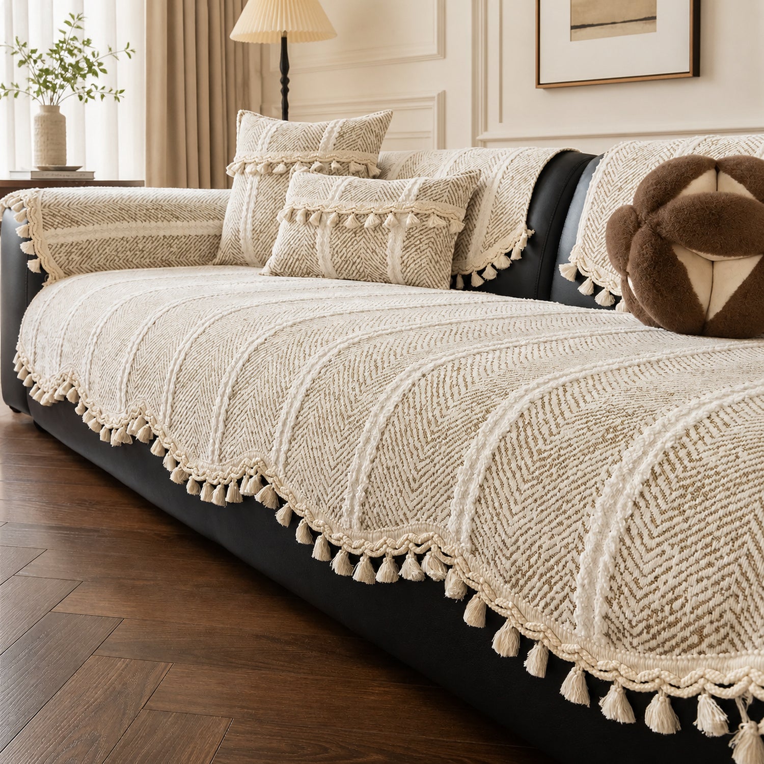 Herringbone Chenille Sofa Protector | Non-Slip Tassel Cover | Machine Washable