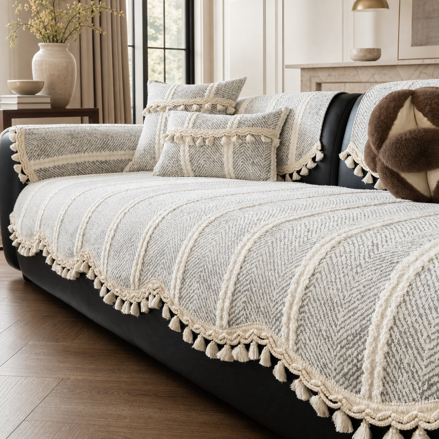 Herringbone Chenille Sofa Protector | Non-Slip Tassel Cover | Machine Washable