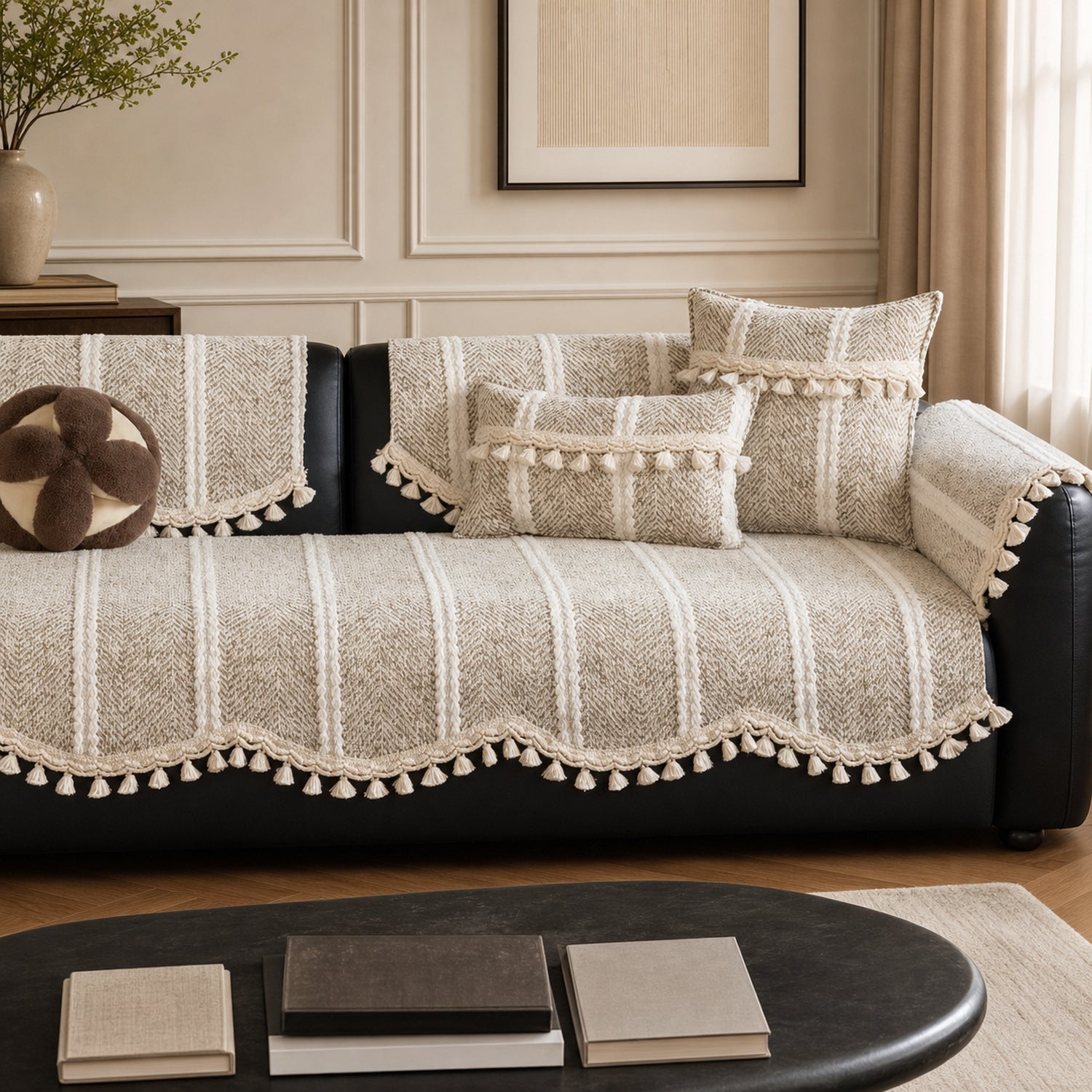 Herringbone Chenille Sofa Protector | Non-Slip Tassel Cover | Machine Washable