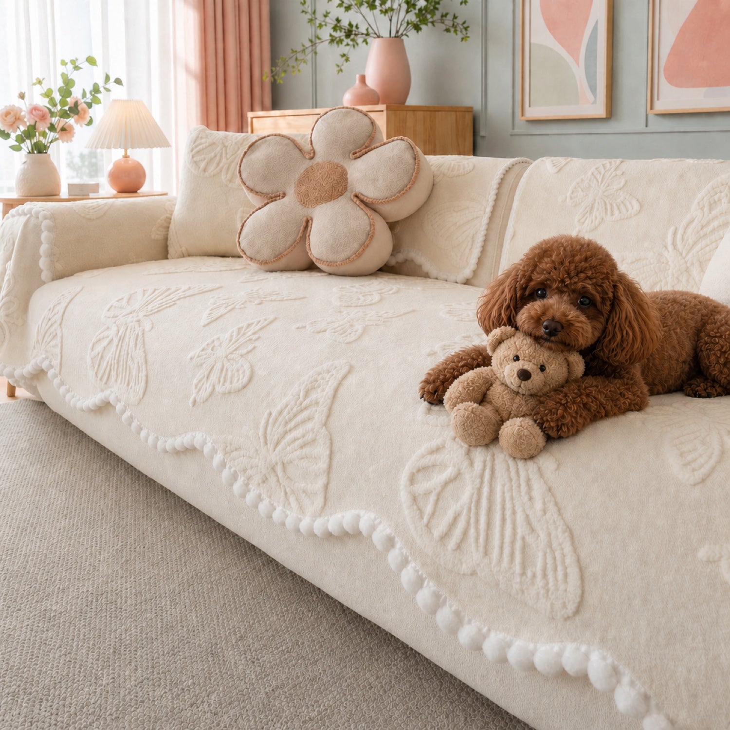 Cream butterfly-pattern sofa cover with pom-pom trim, styled with a brown poodle holding a teddy bear.