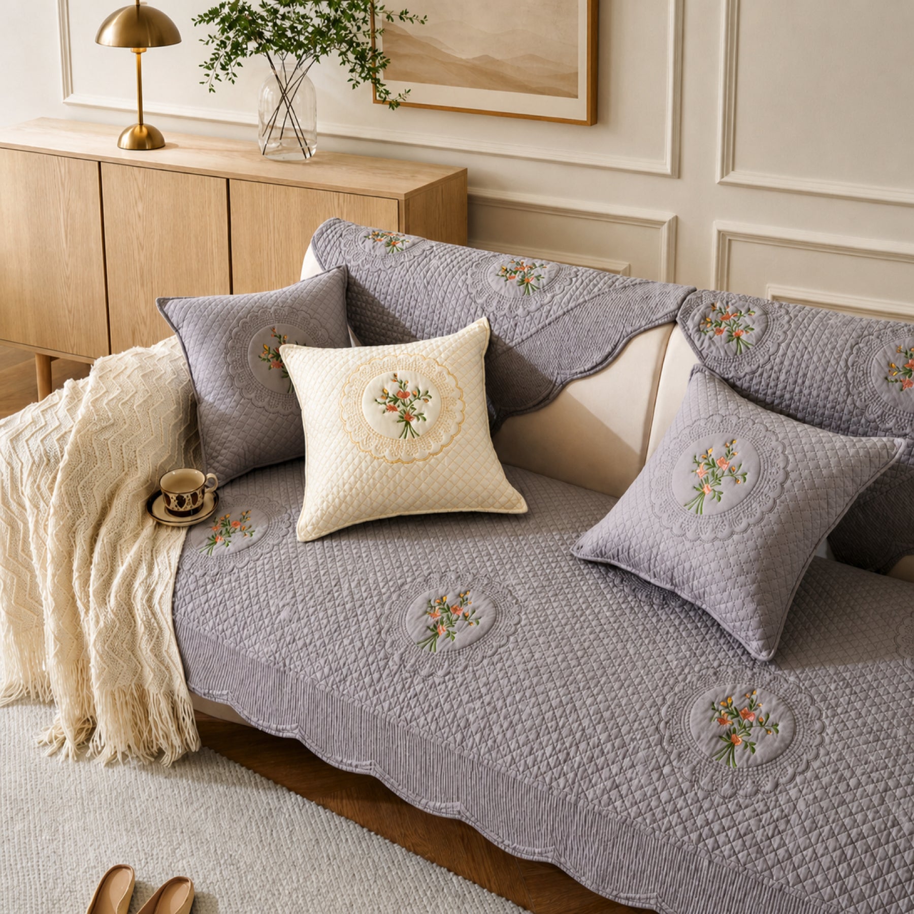 Heritage Floral Sofa Cover | Embroidered Cotton | Anti-Slip & Washable