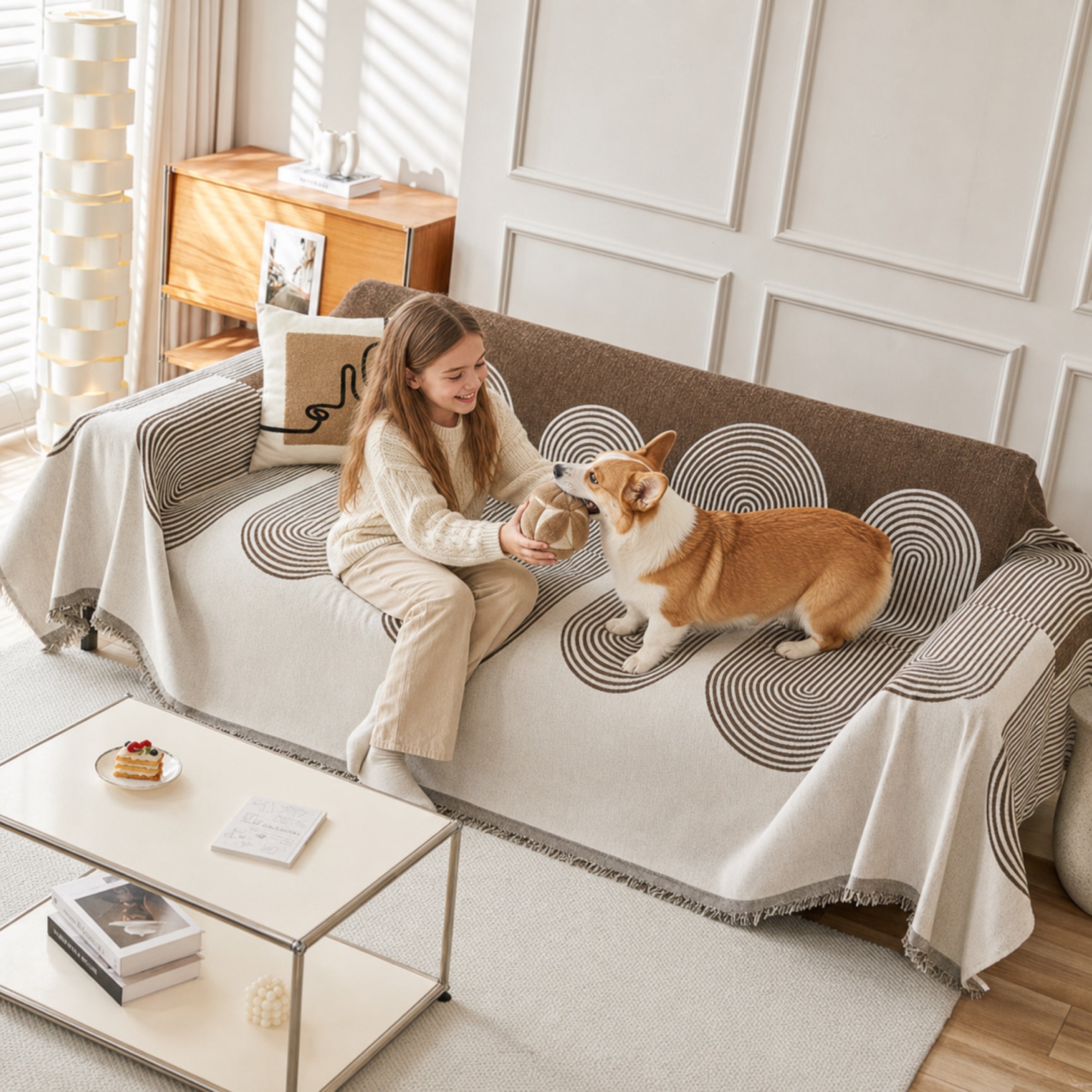 Reversible Geometric Sofa Throw | Soft Chenille Sofa Cover with Fringed Edges