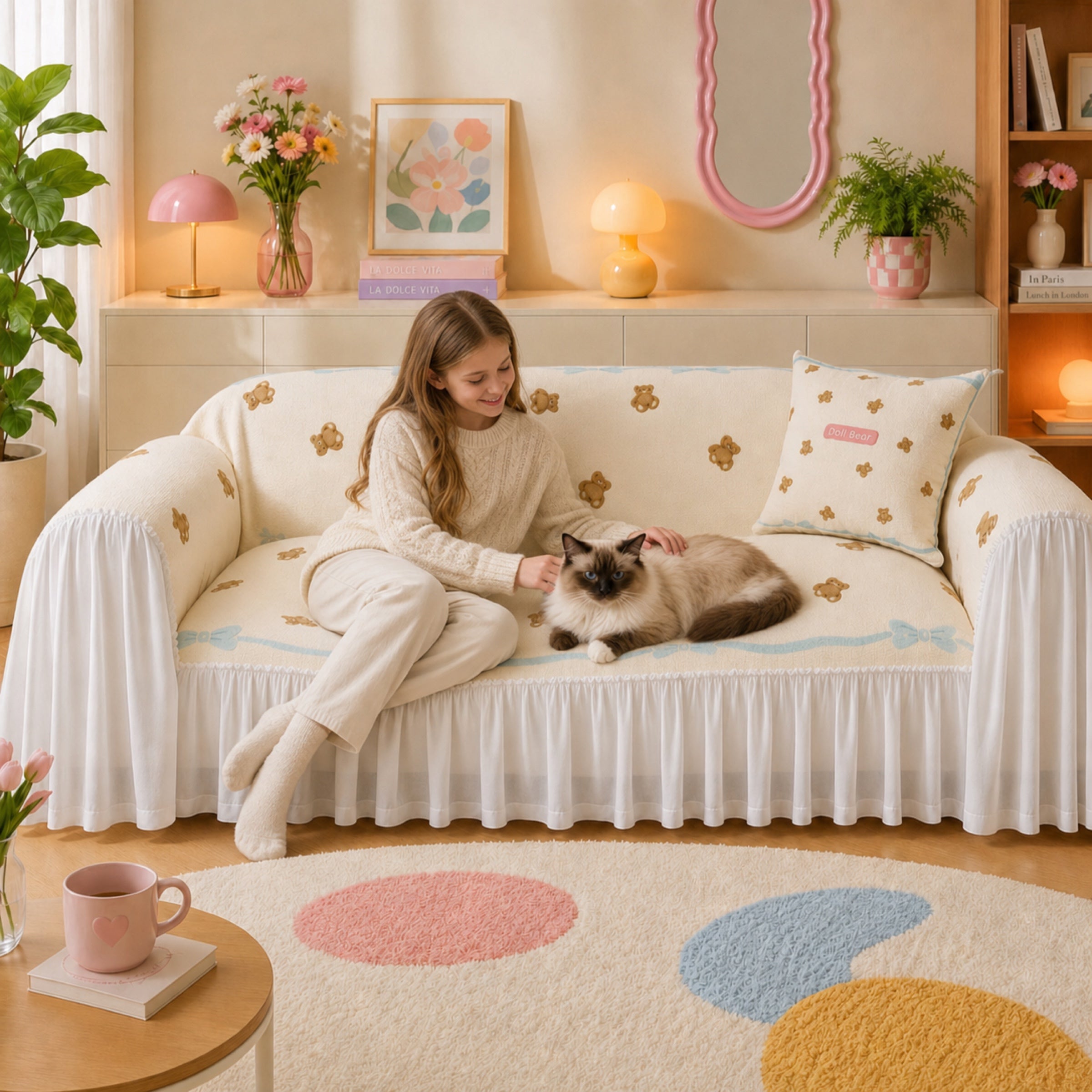 Teddy Bow | Linen-Look Sofa Throw | Breathable Anti-Scratch Pet Cover