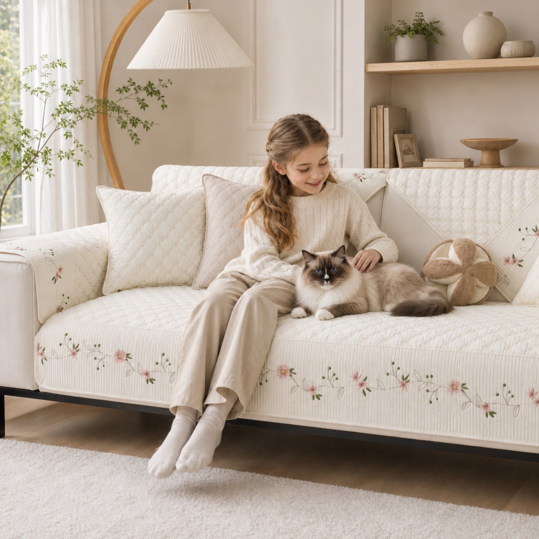 Floral Garden Sofa Cover | Embroidered Cotton | Anti-Slip & Washable