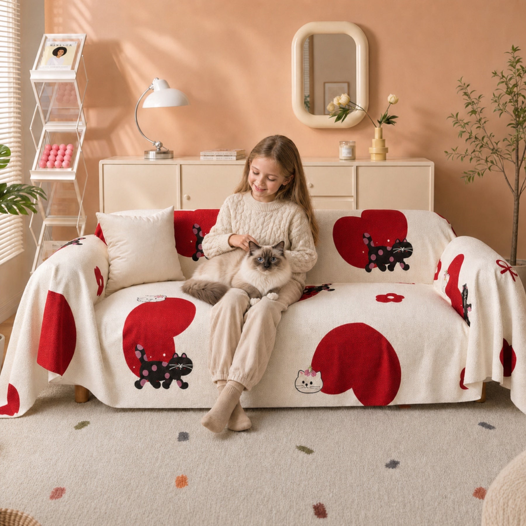 Sweetheart Kitty | Linen-Look Sofa Throw | Breathable Anti-Scratch Pet Cover
