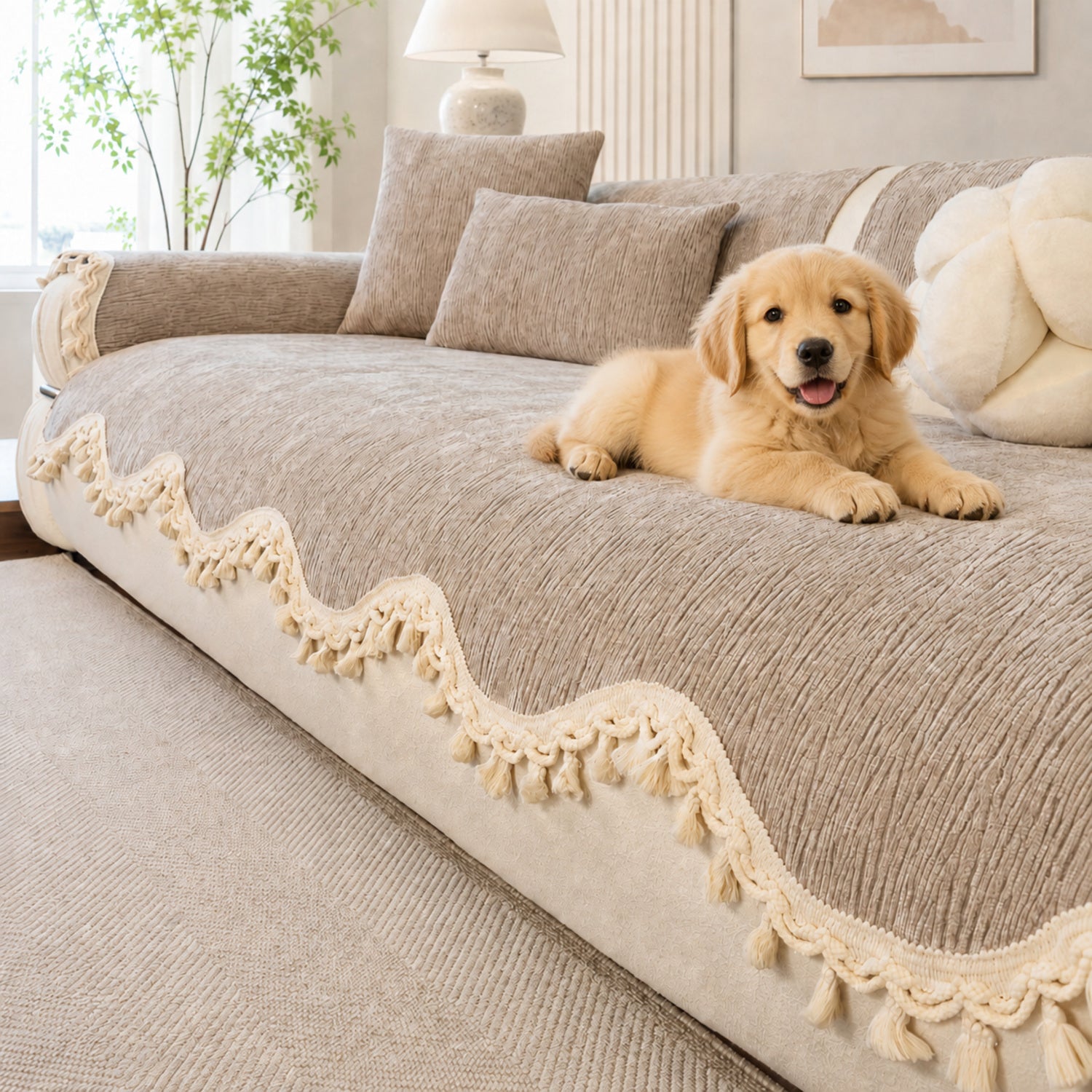 The Elowen Sofa Cover | Chenille | Elegant Tasselled Non-Slip