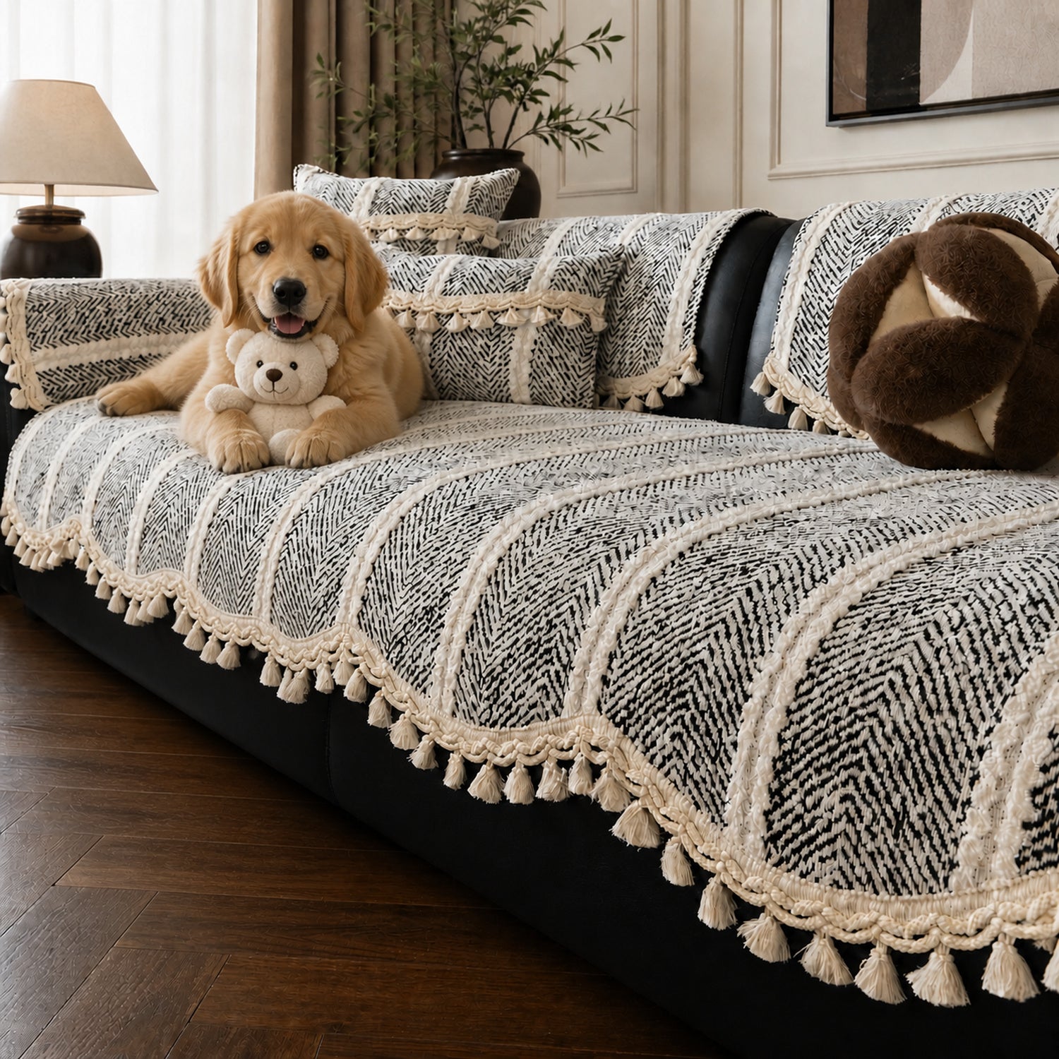 Herringbone Chenille Sofa Protector | Non-Slip Tassel Cover | Machine Washable