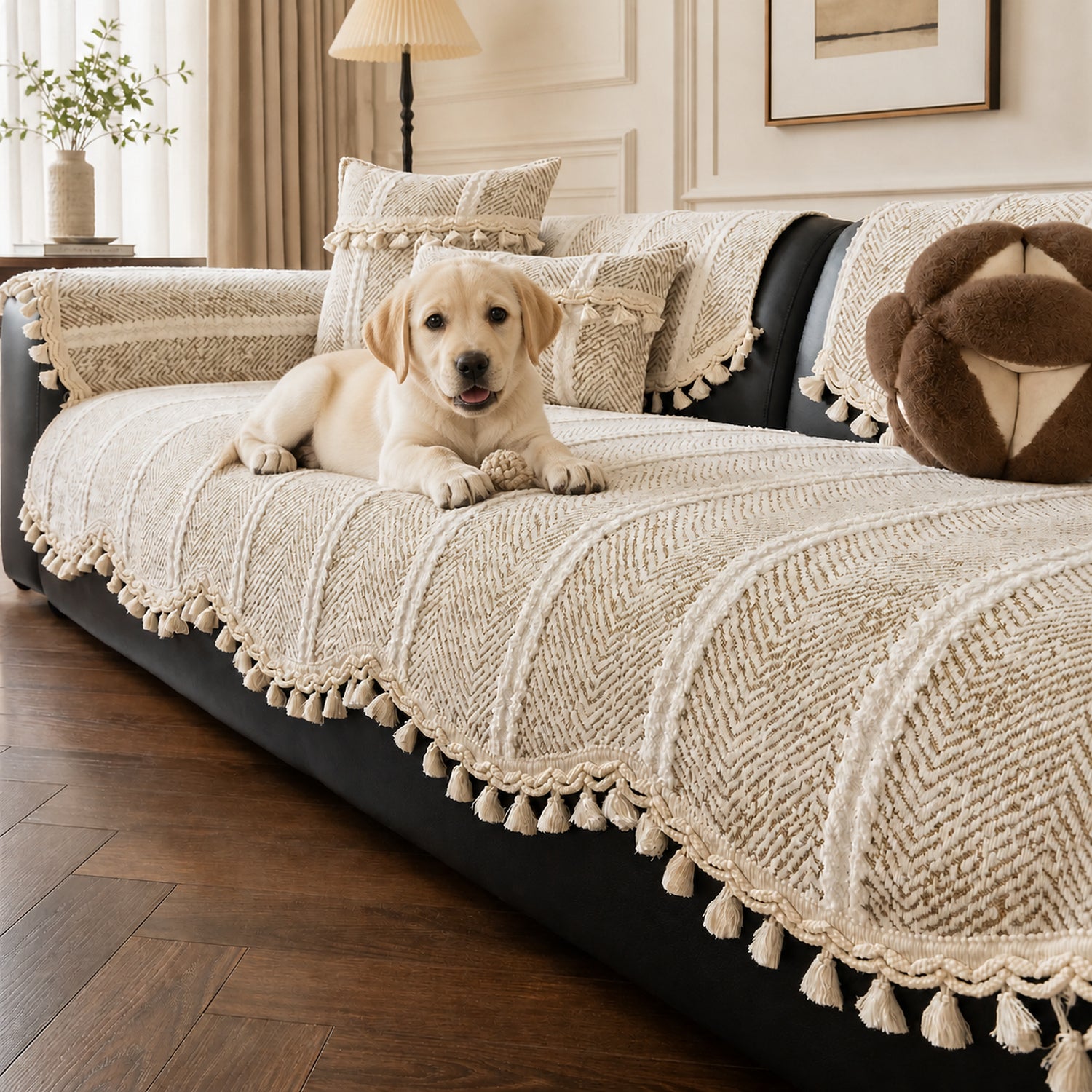 Herringbone Chenille Sofa Protector | Non-Slip Tassel Cover | Machine Washable