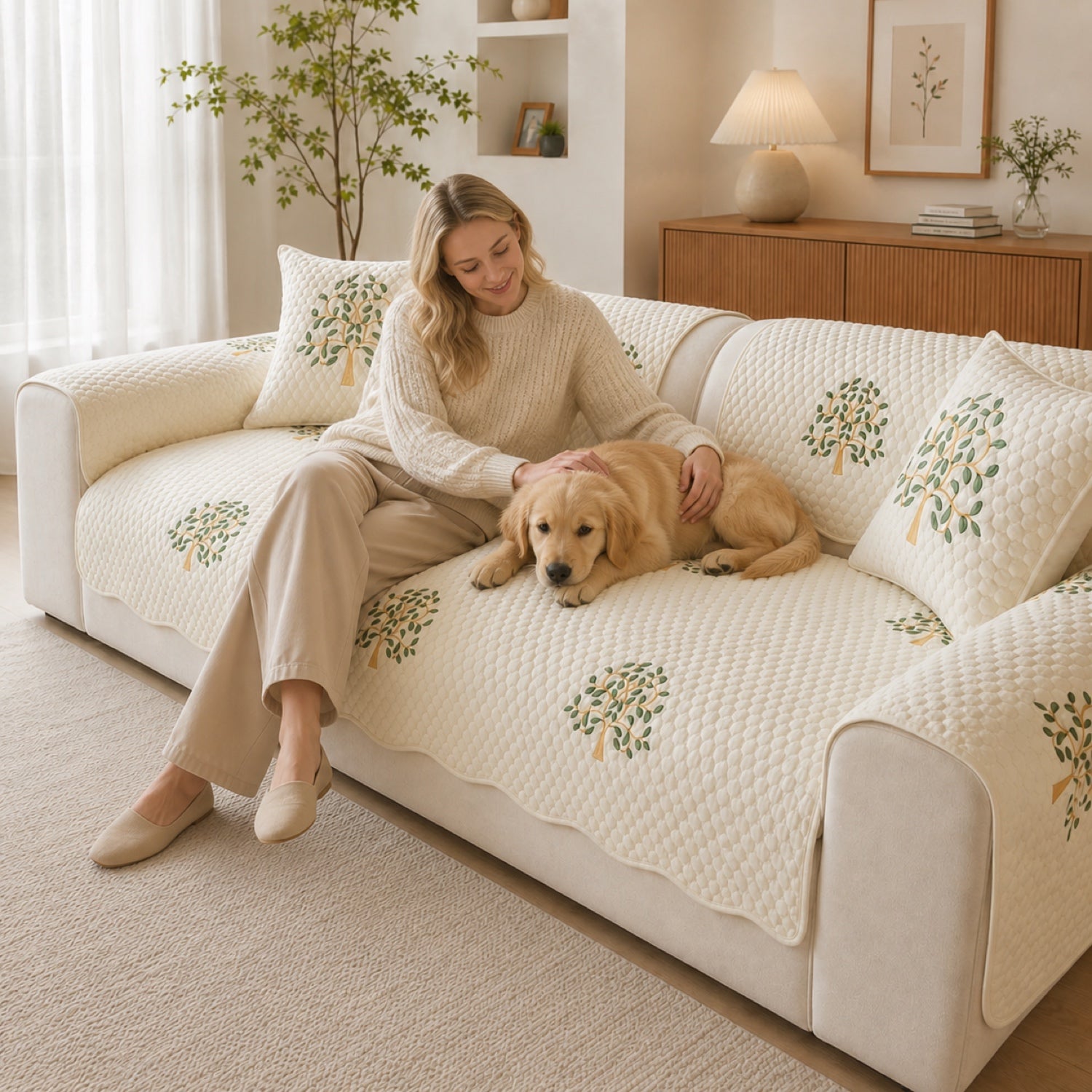 Tree Embroidered Cotton Sofa Protector | Quilted Non-Slip Machine Washable Cover
