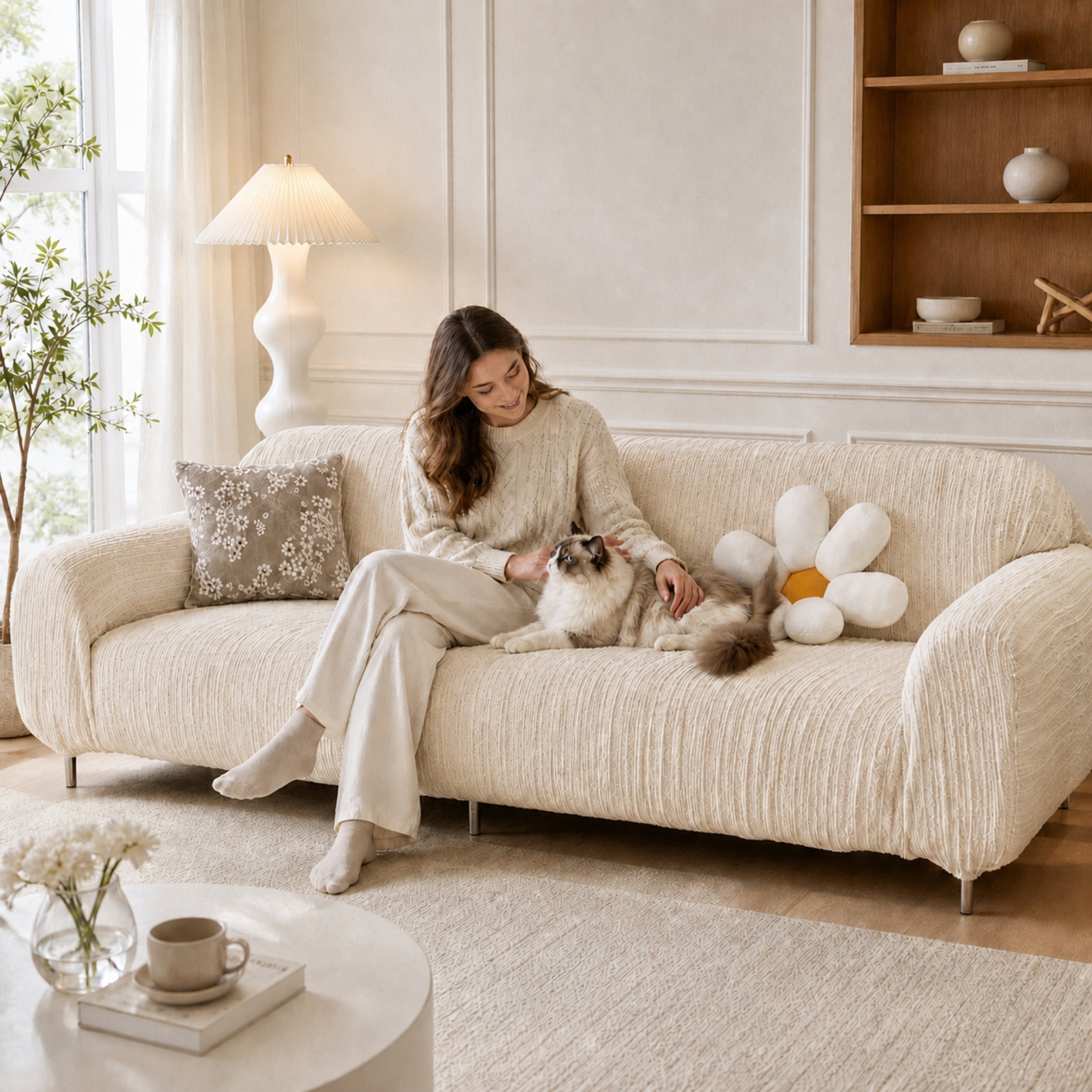 Striped Stretch Sofa Protector | Full-Coverage Anti-Scratch Machine-Washable Cover