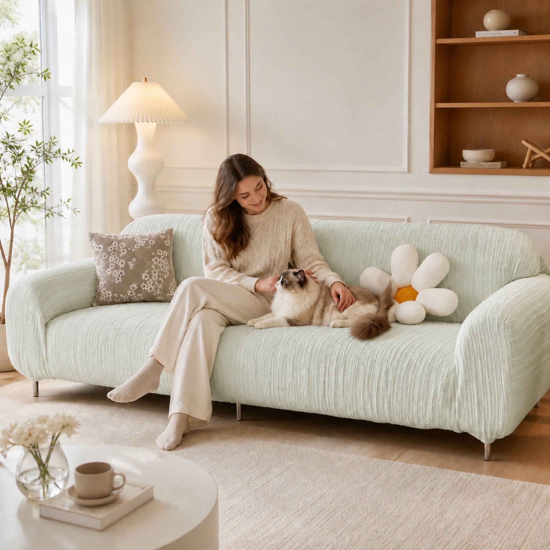 Striped Stretch Sofa Protector | Full-Coverage Anti-Scratch Machine-Washable Cover