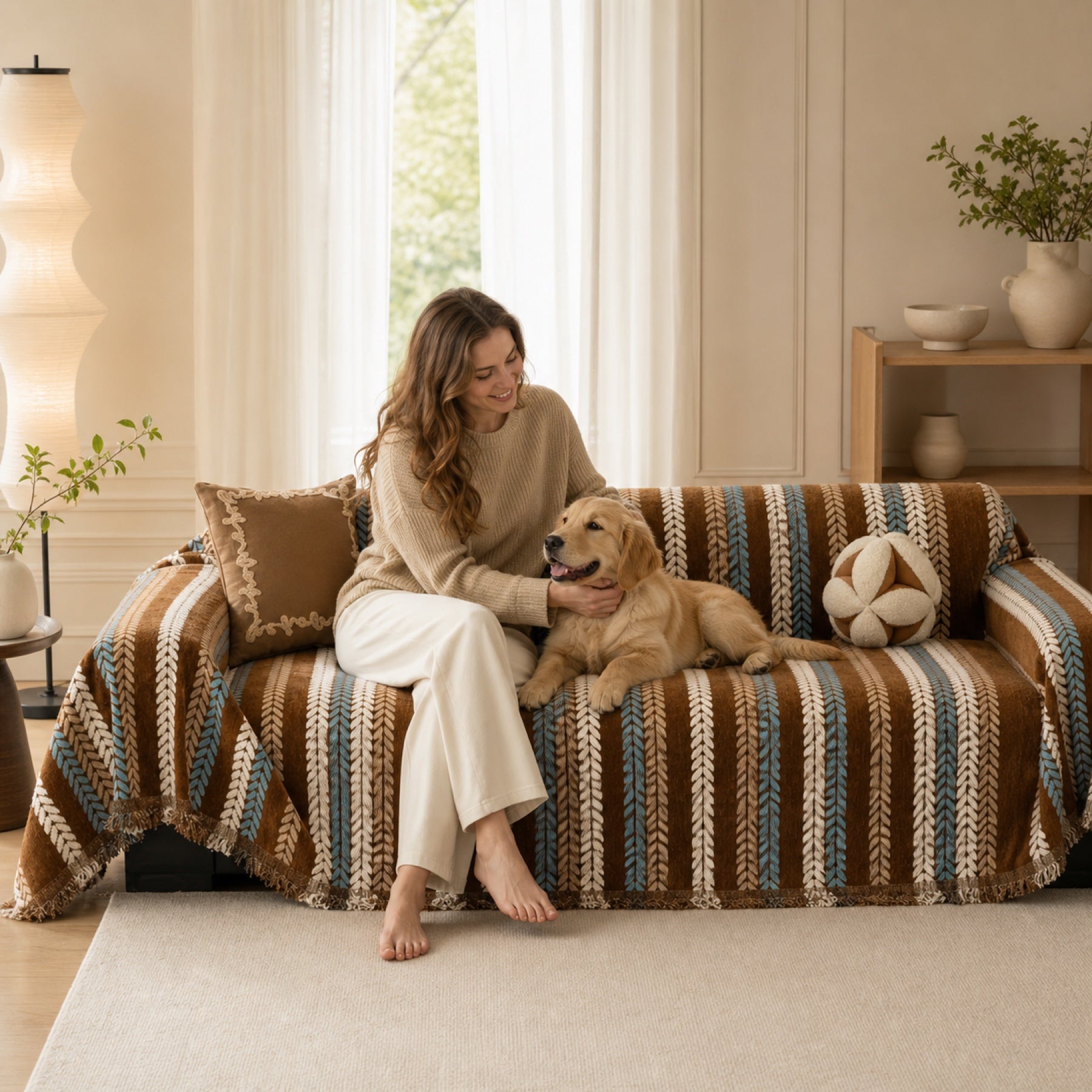Leaf Pattern Chenille Sofa Cover | One-Piece Throw | Pet Fur & Dust Protection | Machine Washable | Woofing Deals
