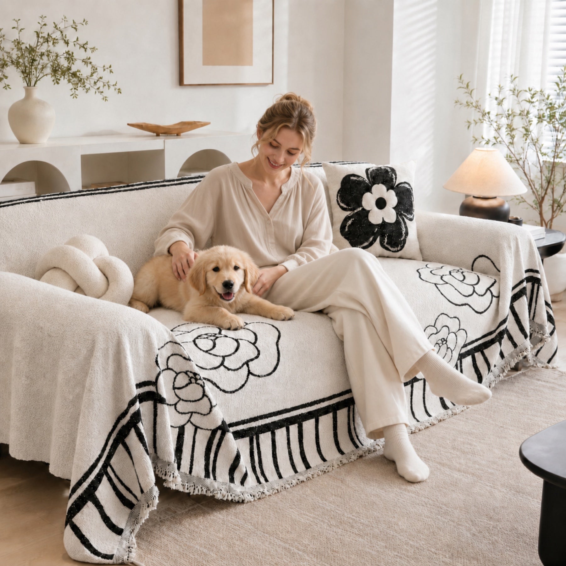 Rose Sketch Chenille Sofa Throw | All-Season Machine-Washable