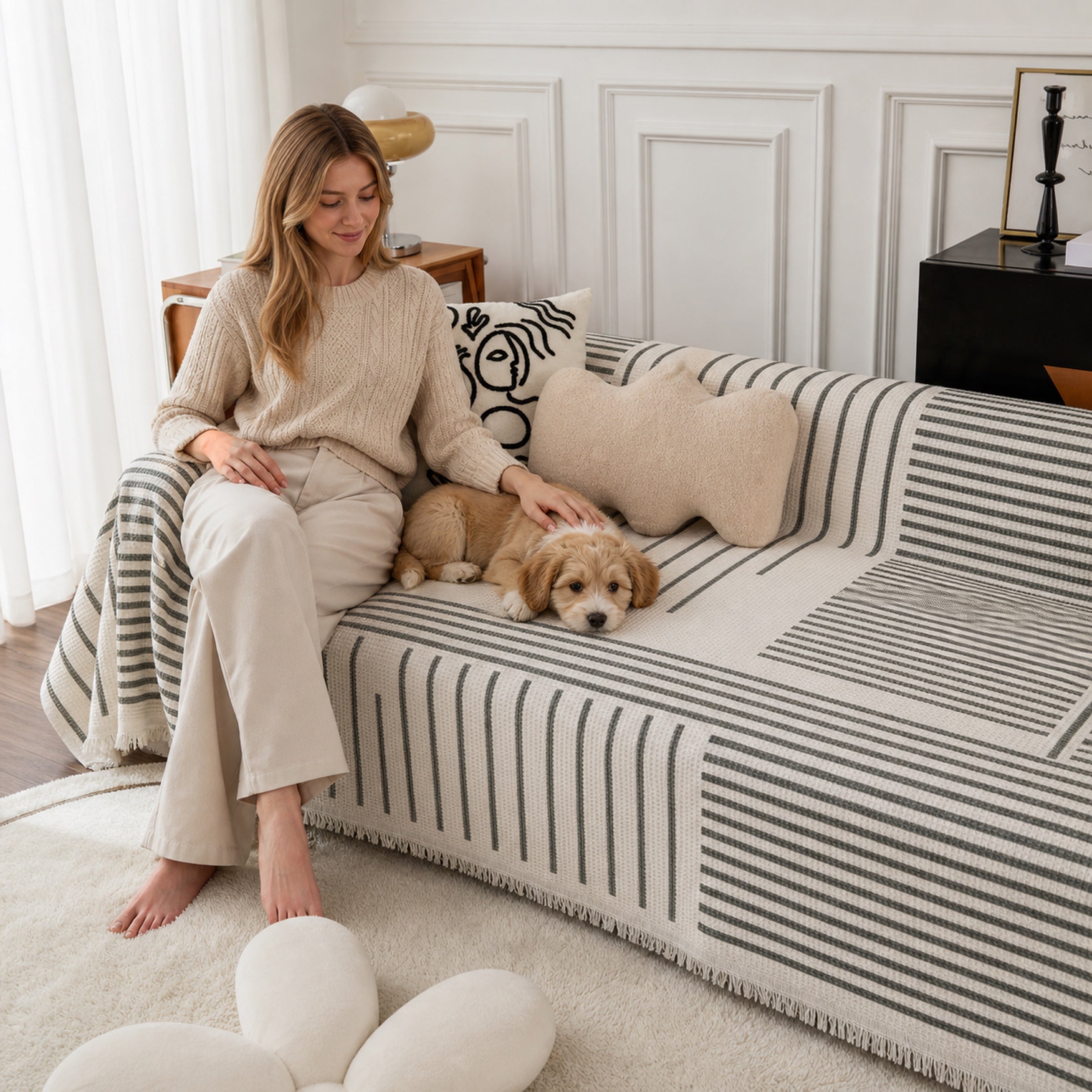 Geometric Sofa Throw | Cotton-Linen Washable | Pet-Friendly Sofa Cover