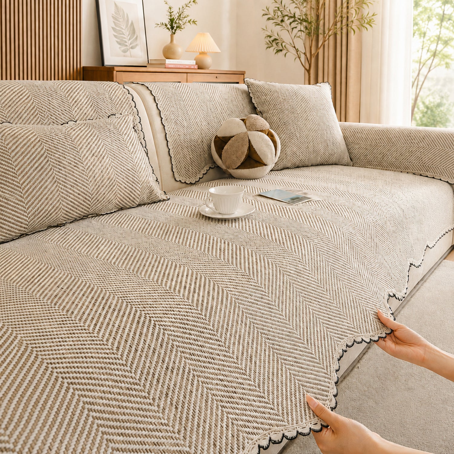 Herringbone Scallop Sofa Cover | Non-Slip Washable | All-Season