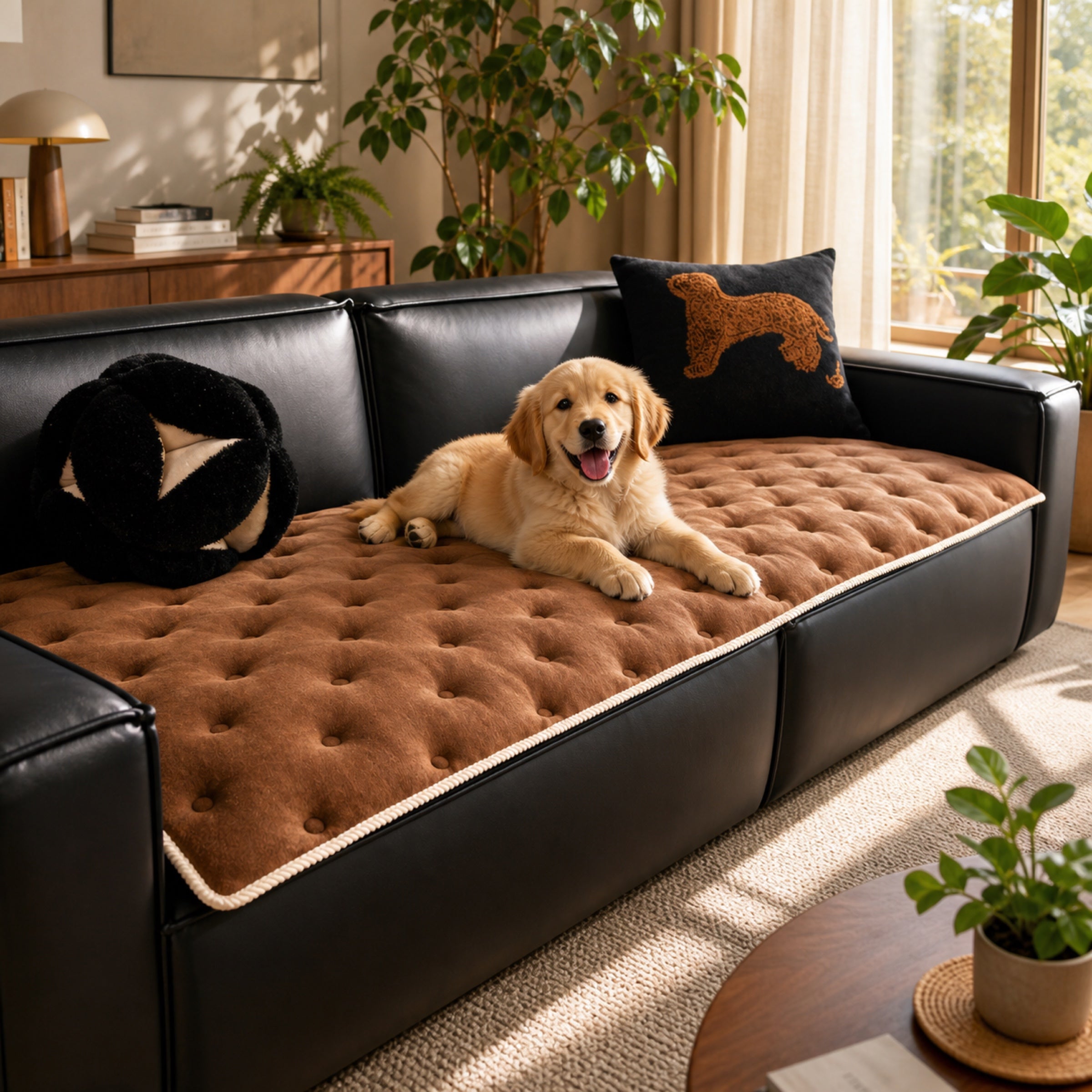 Faux leather sofa cover with happy puppy in cozy living room