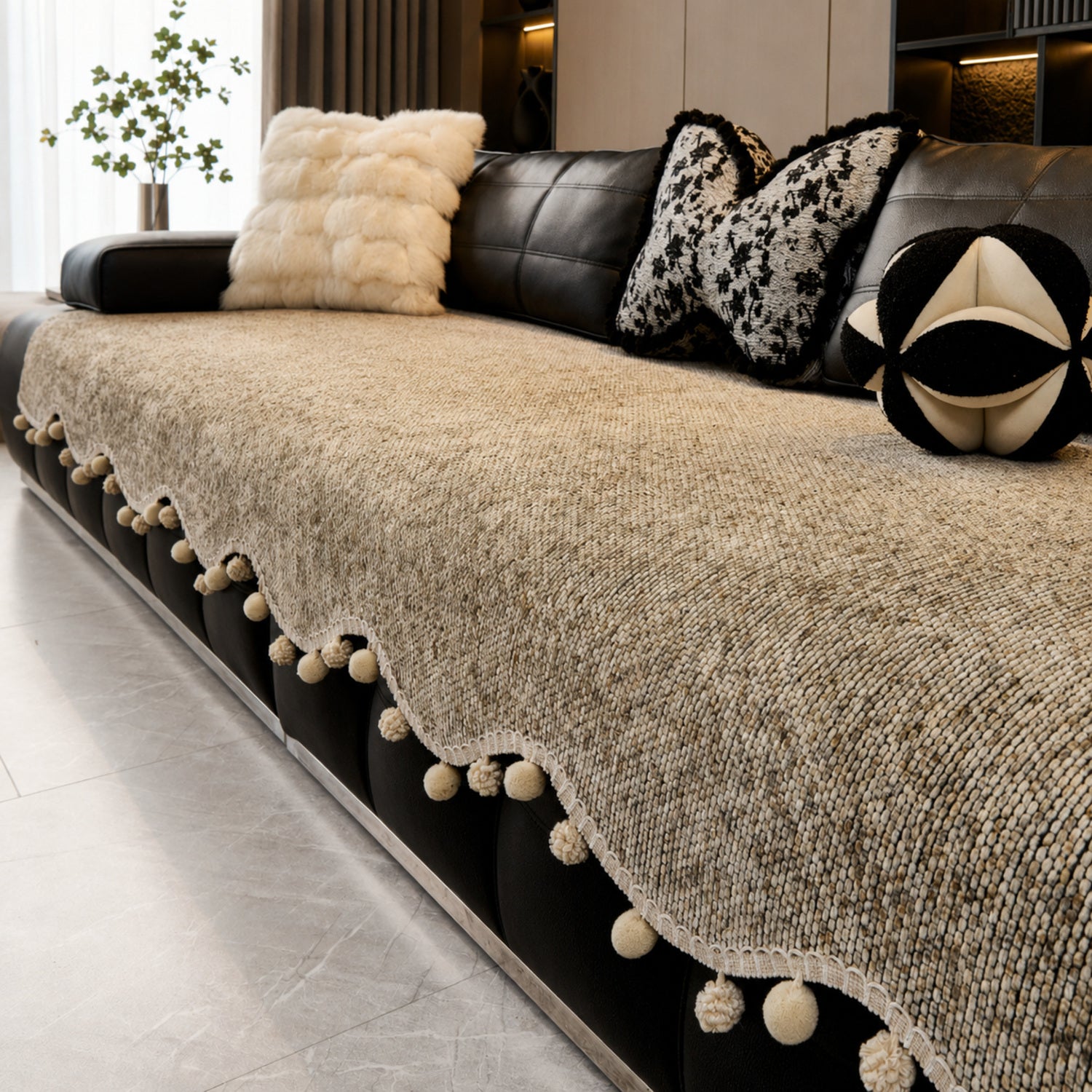 Pom-Pom Chenille Sofa Protector | Non-Slip Machine-Washable Cover