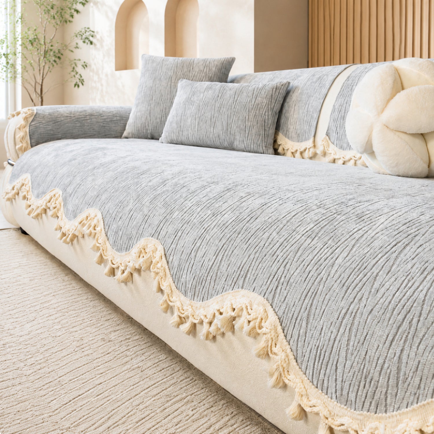 The Elowen Sofa Cover | Chenille | Elegant Tasselled Non-Slip