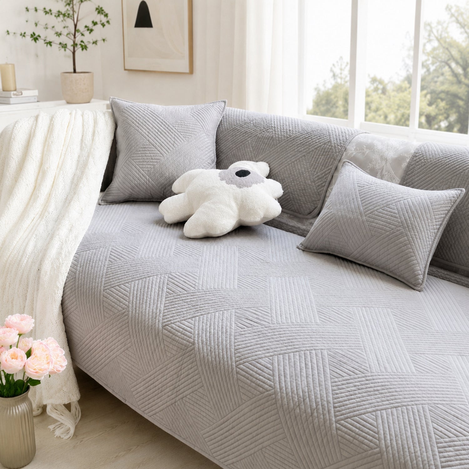 Diamond Weave Cotton Sofa Protector | Quilted Non-Slip Washable Cover