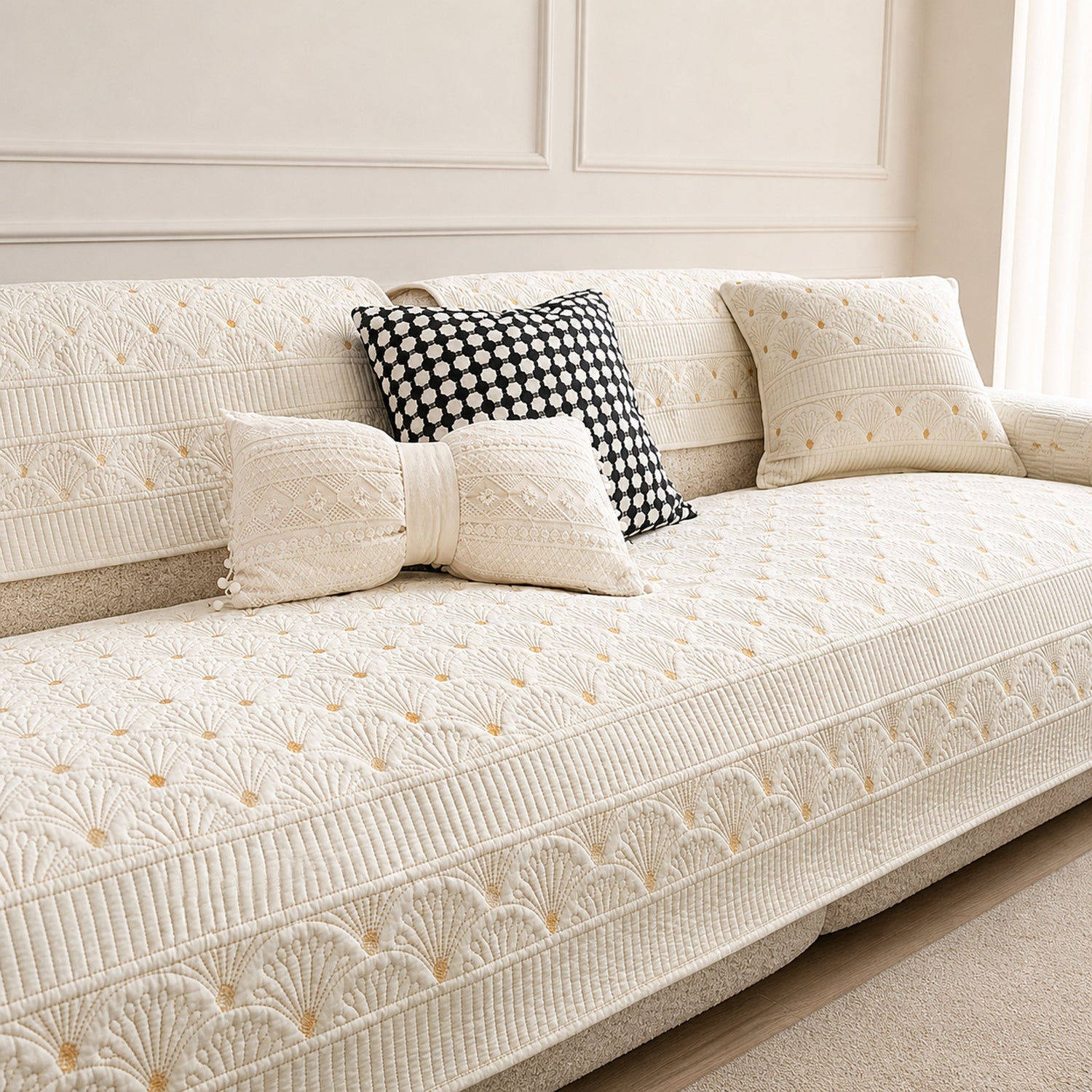 Fanleaf Cotton Sofa Protector | Embroidered Non-Slip Machine Washable Cover