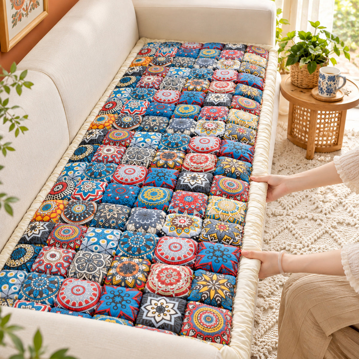 Mosaic Sofa Cover | Non-Slip Sofa Protector | Quilted 100% Cotton