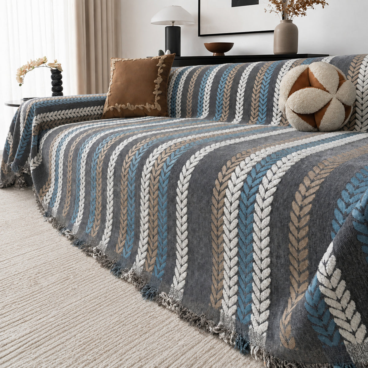 Leaf Pattern Chenille Sofa Cover | One-Piece Throw | Pet Fur & Dust Protection | Machine Washable | Woofing Deals