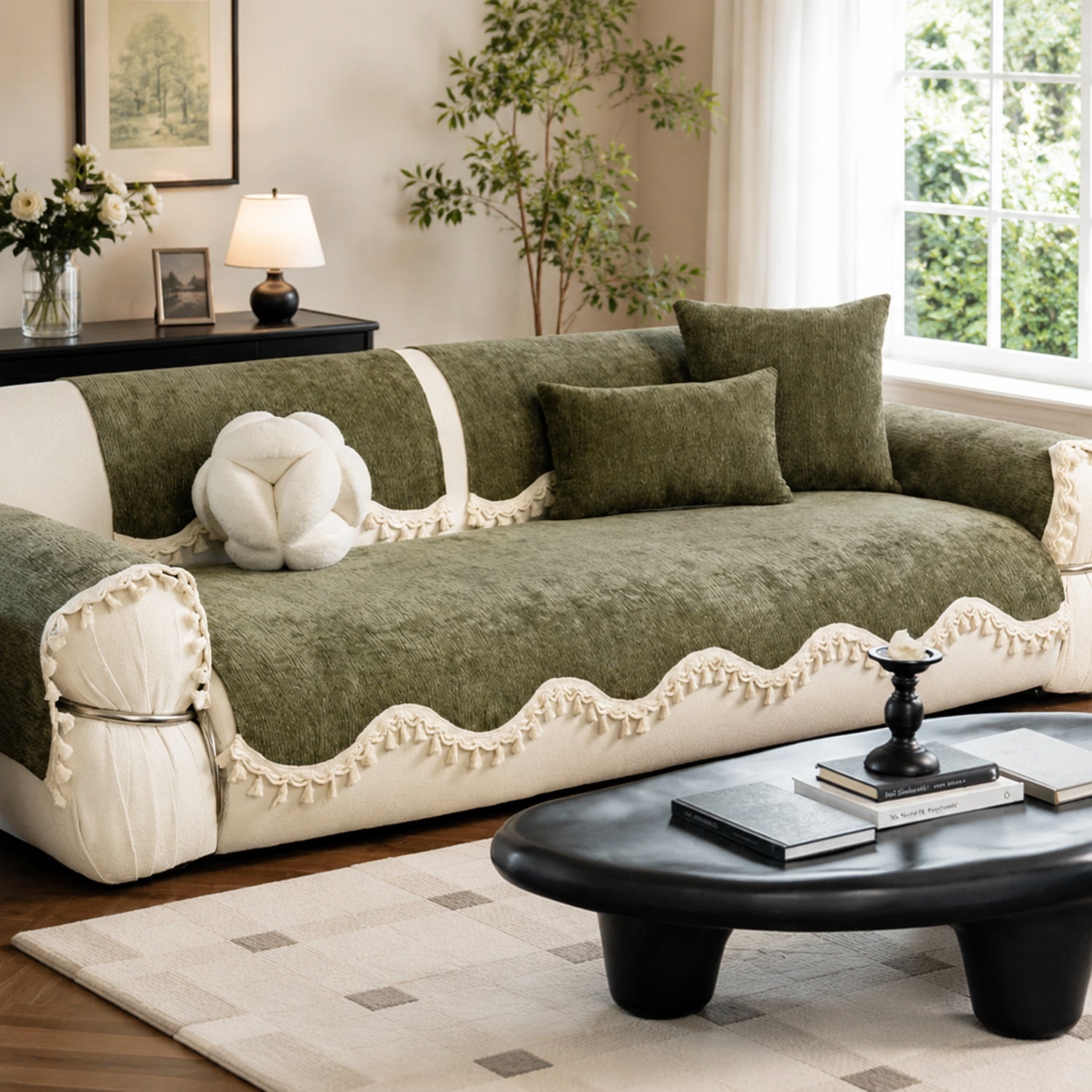 The Elowen Sofa Cover | Chenille | Elegant Tasselled Non-Slip
